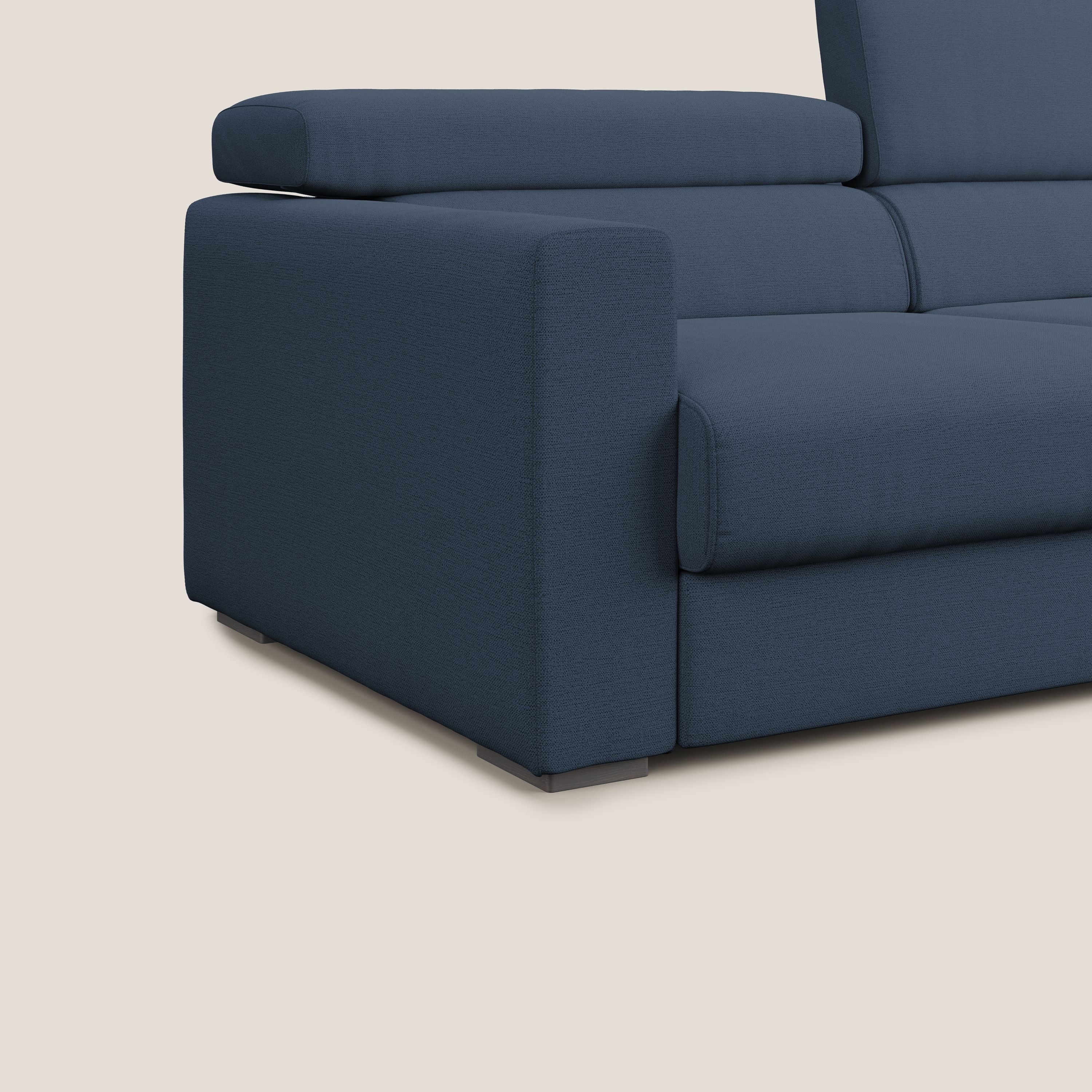 Dylan divano allungabile con pouf estraibile poggiapiedi in tessuto fiammato simil cotone impermeabile T19 blu - divani.store
