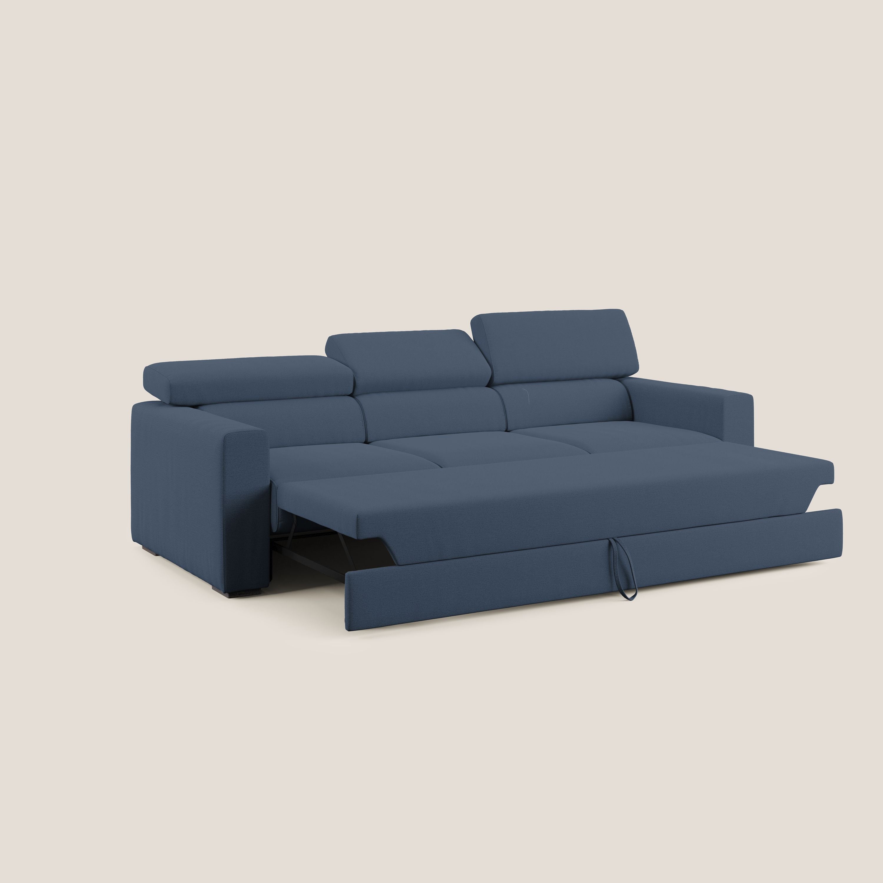 Dylan divano a 3 sedute con pouf estraibile poggiapiedi in tessuto fiammato simil cotone impermeabile T19 blu - divani.store