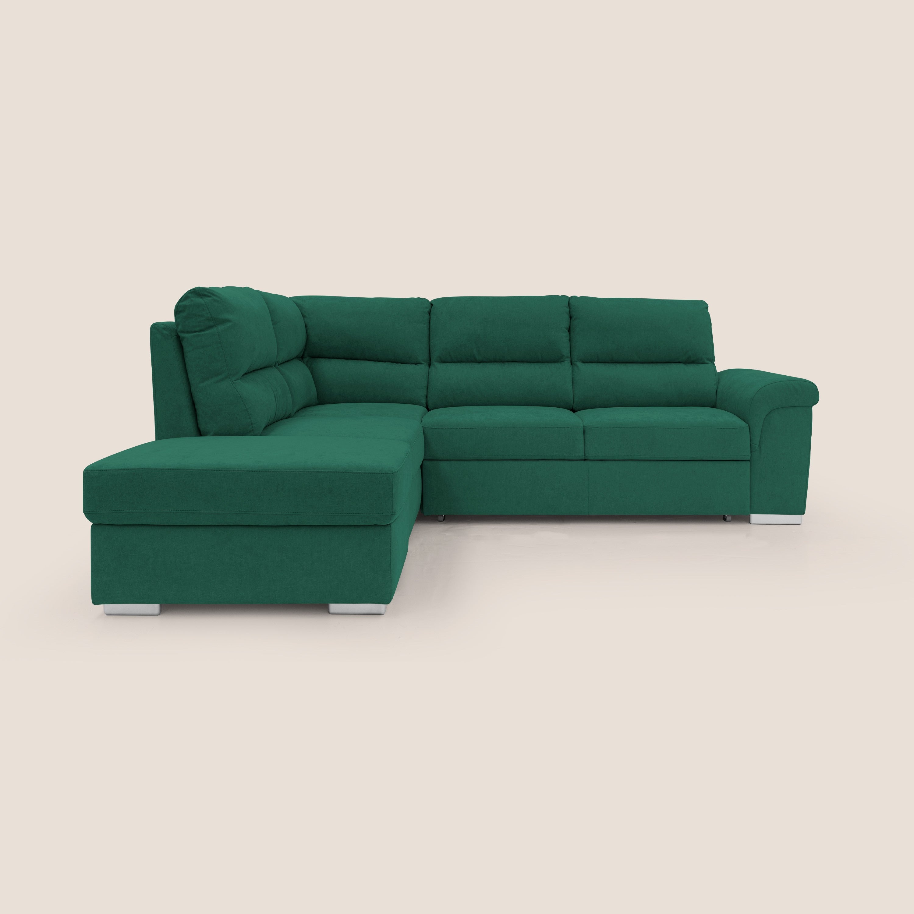 Minerva divano angolare con estraibile a cassettone e pouf contenitore in tessuto morbido impermeabile T02 verde - divani.store