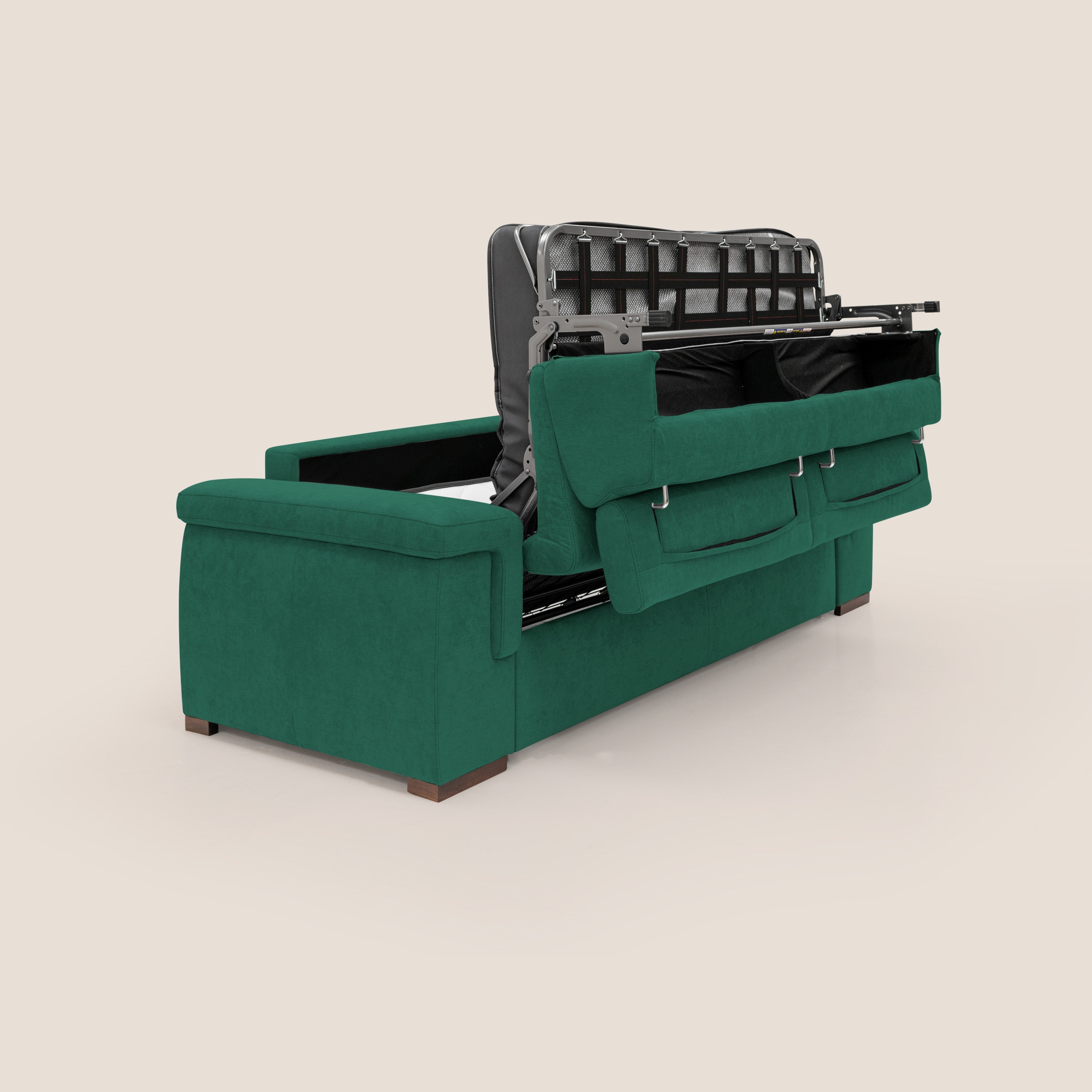 Giunone divano letto con materasso alto 18 cm e poggiatesta reclinabili in tessuto impermeabile T02 verde - divani.store