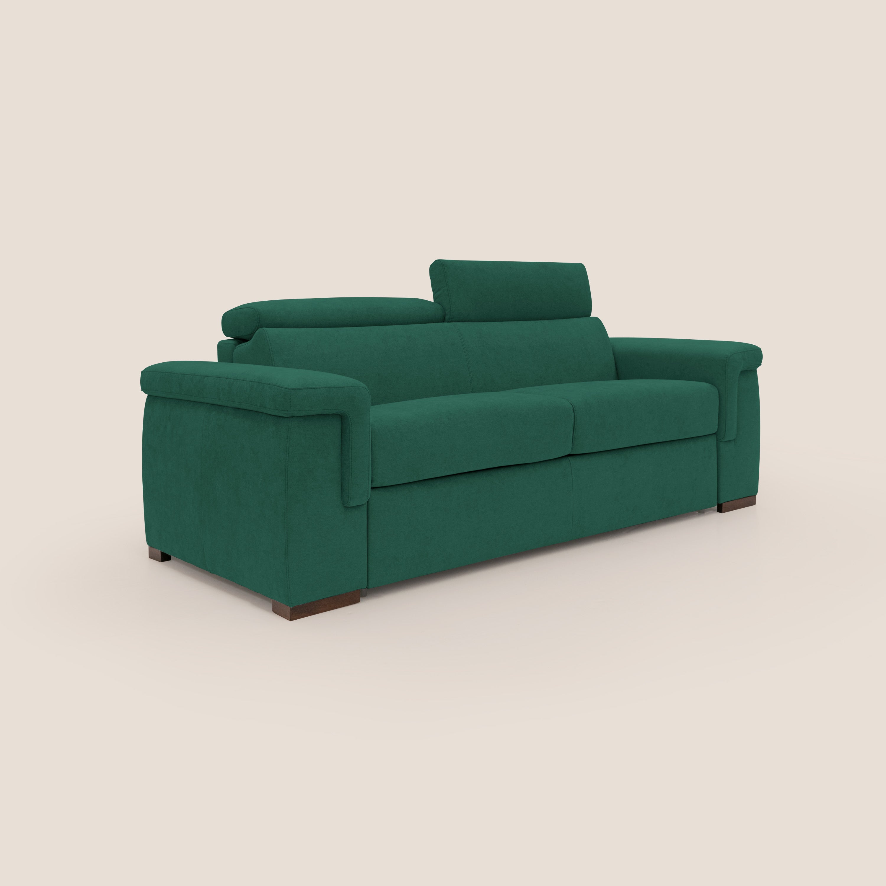 Giunone divano letto con materasso alto 18 cm e poggiatesta reclinabili in tessuto impermeabile T02 verde - divani.store