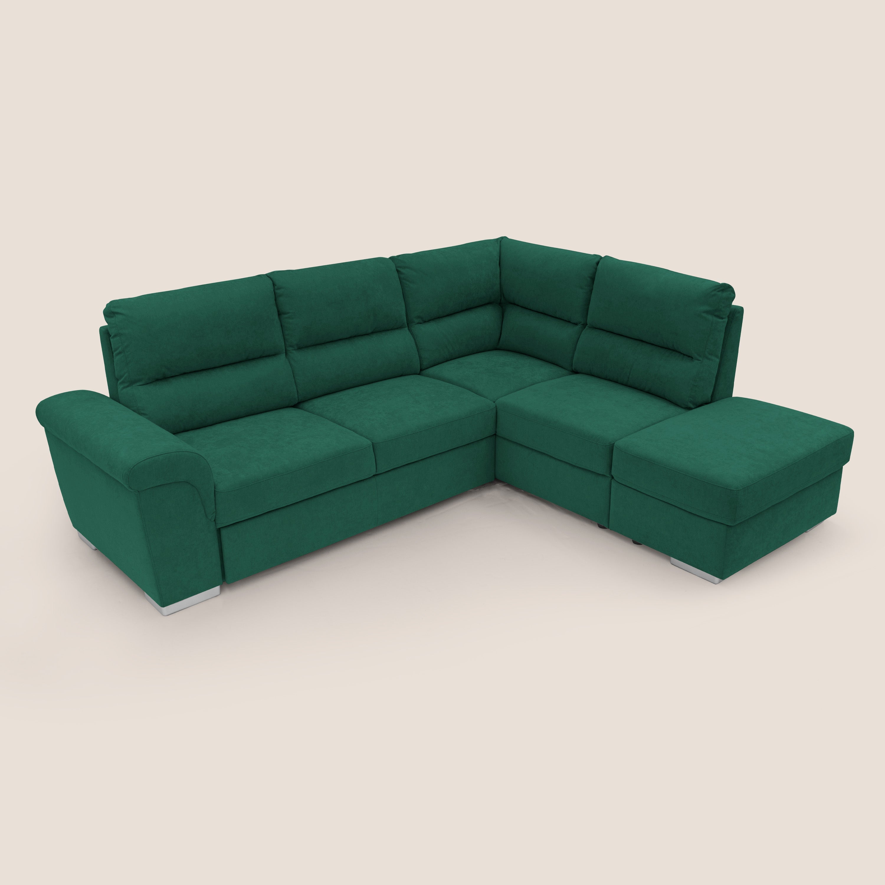 Minerva divano angolare con estraibile a cassettone e pouf contenitore in tessuto morbido impermeabile T02 verde - divani.store