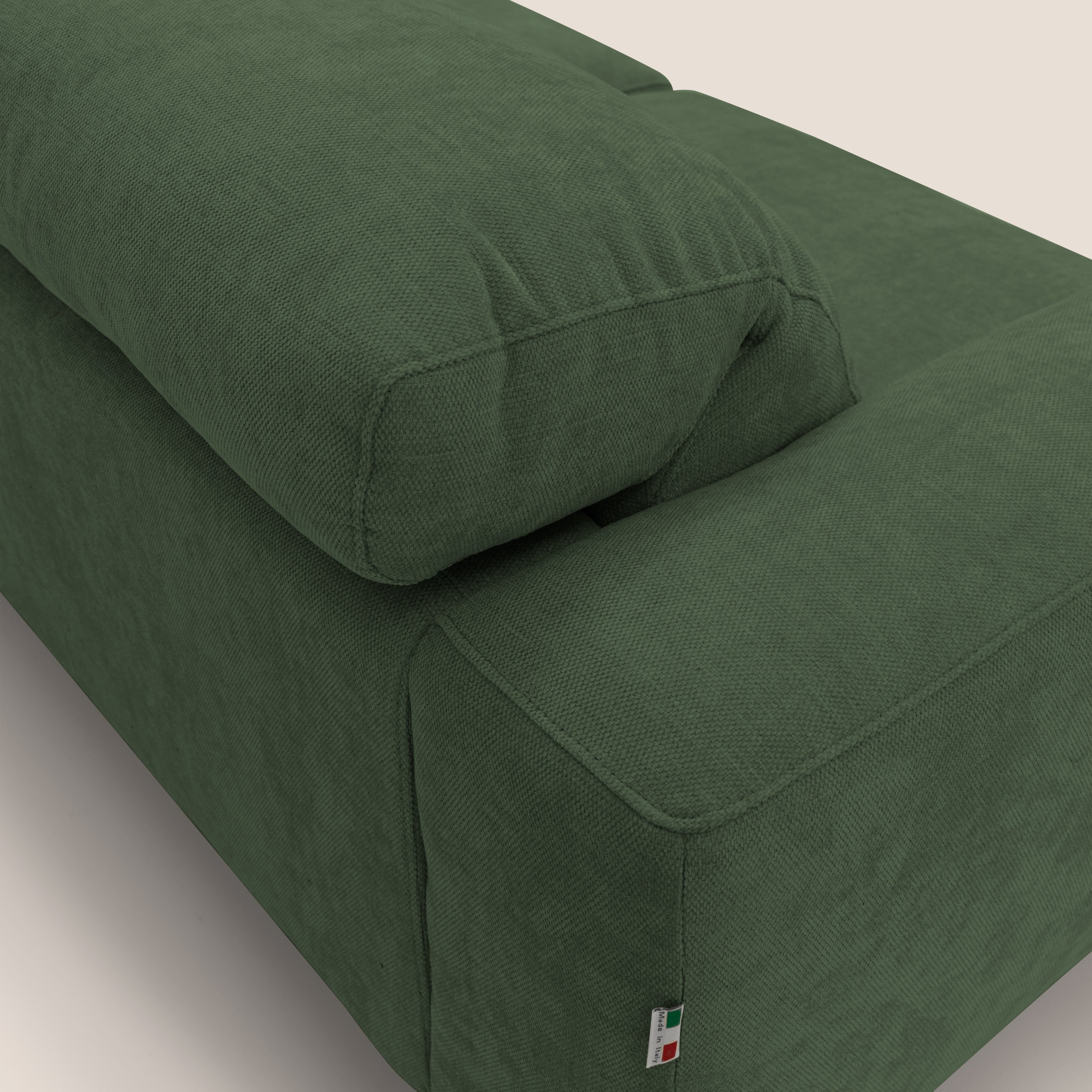 Sakura divano in piuma d'oca angolare REVERSIBILE in morbido tessuto fiammato impermeabile T14 verde - divani.store