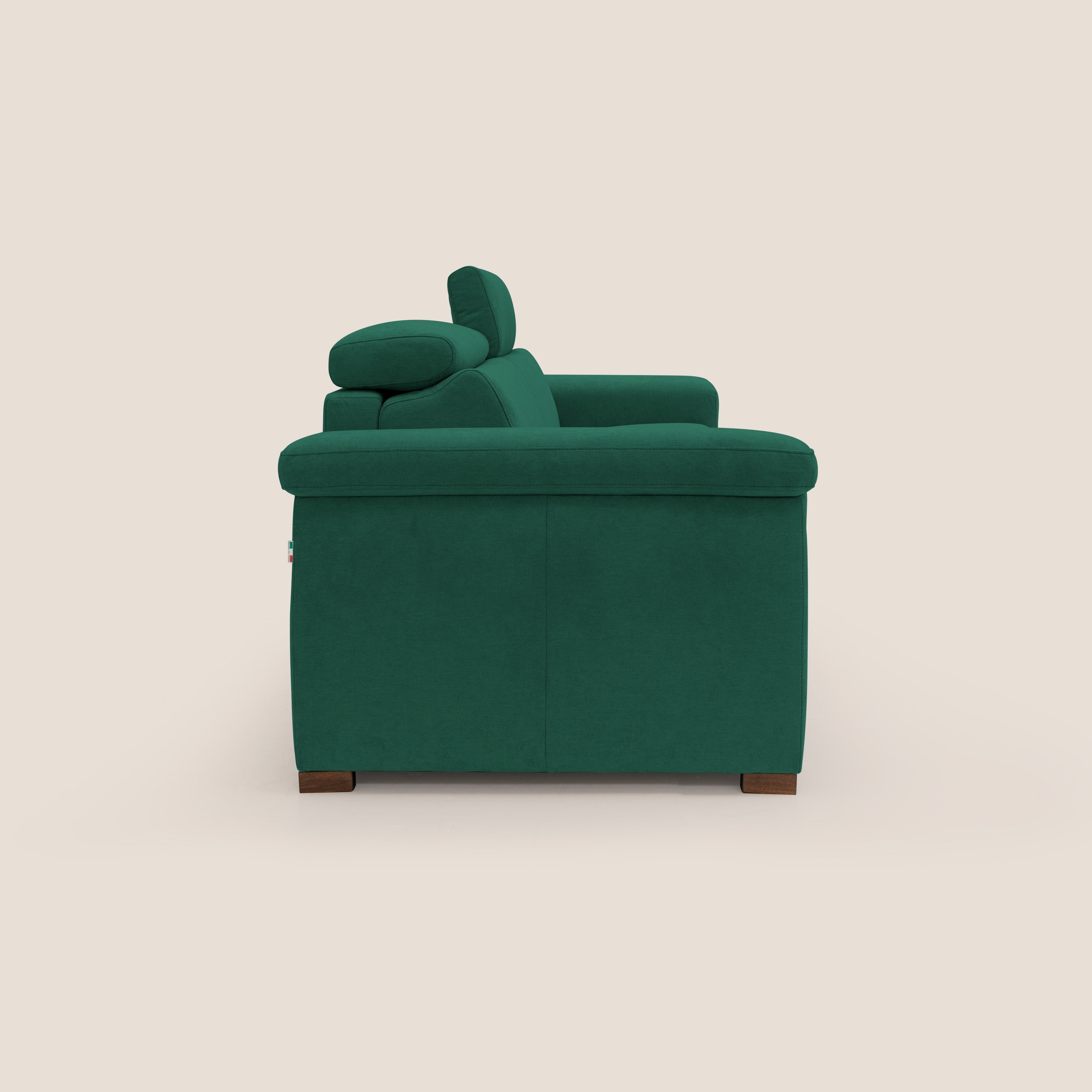 Giunone divano letto con materasso alto 18 cm e poggiatesta reclinabili in tessuto impermeabile T02 verde - divani.store