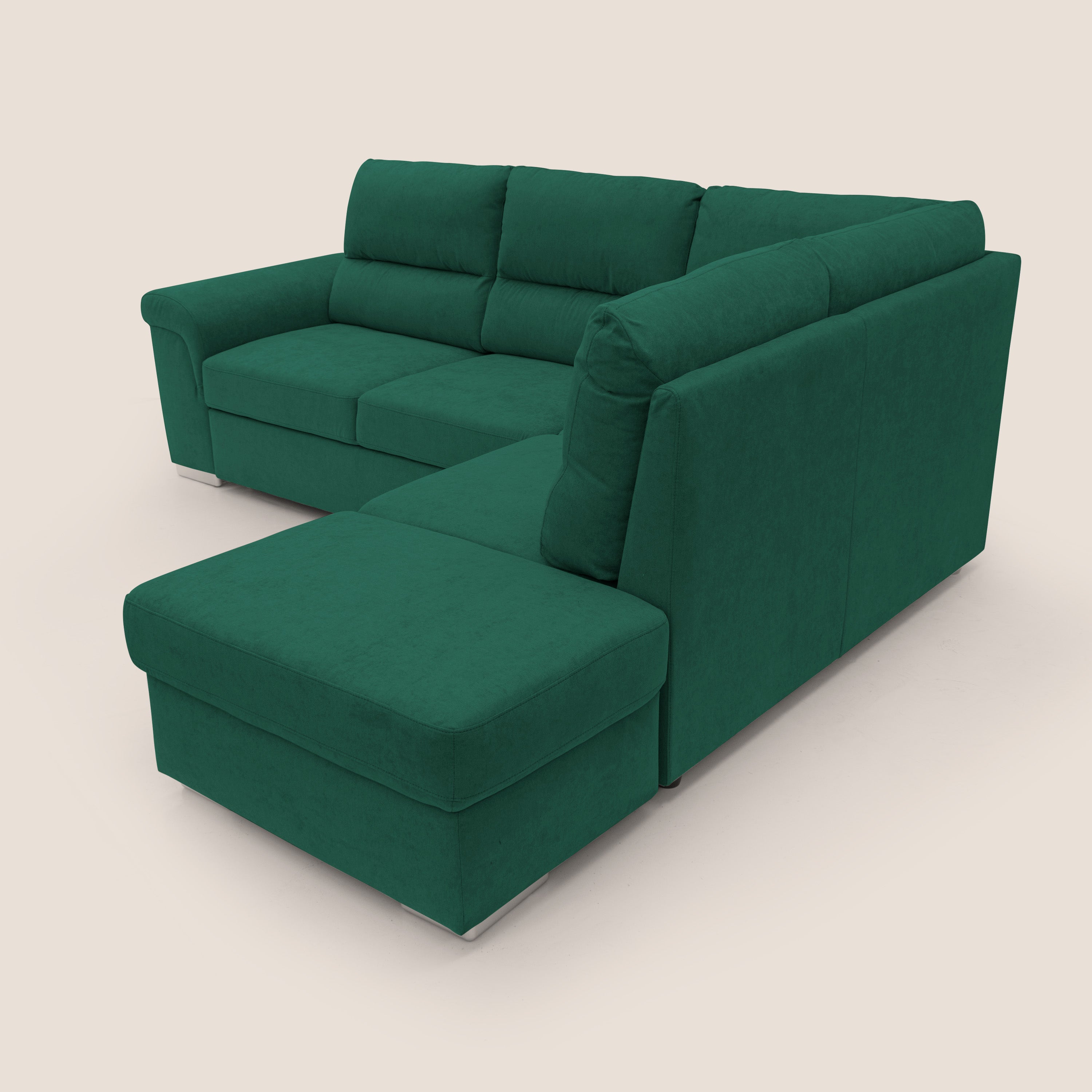 Minerva divano angolare con estraibile a cassettone e pouf contenitore in tessuto morbido impermeabile T02 verde - divani.store