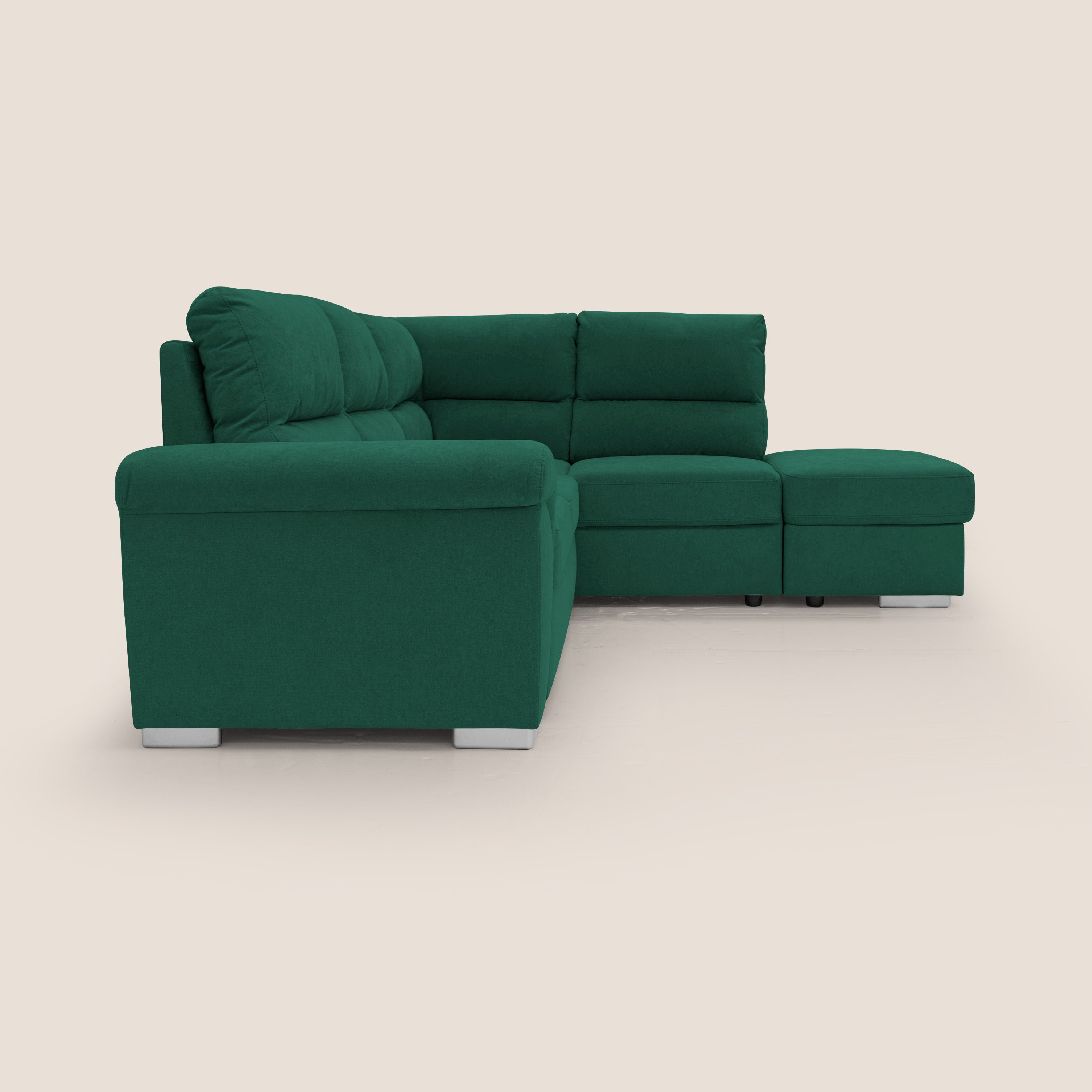Minerva divano angolare con estraibile a cassettone e pouf contenitore in tessuto morbido impermeabile T02 verde - divani.store