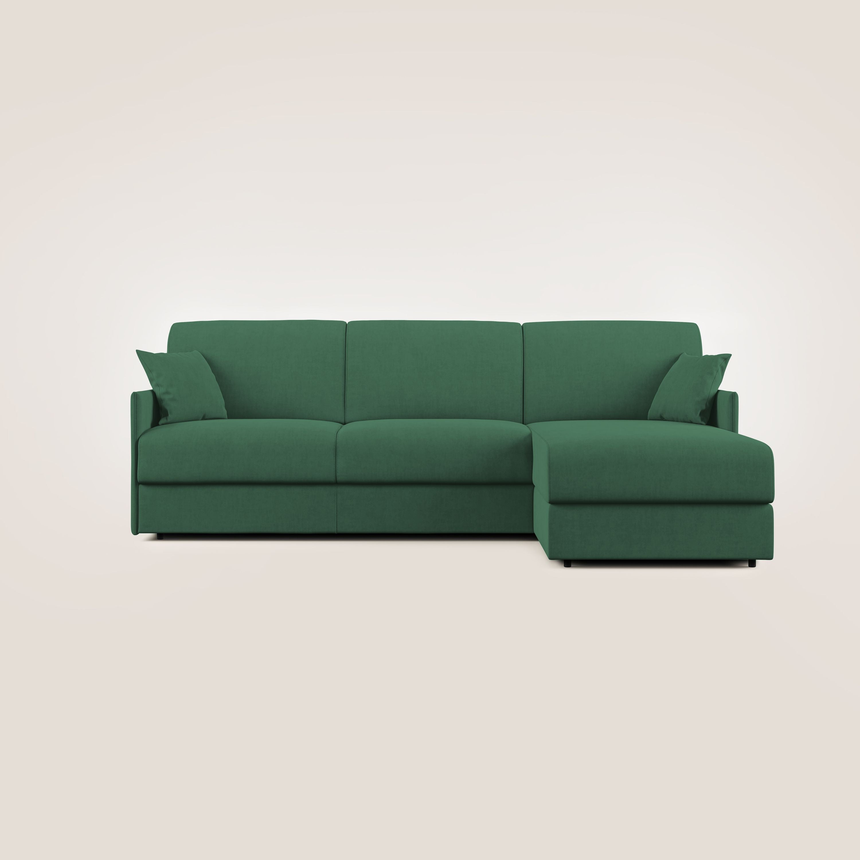 Evans Divano letto angolare con penisola in morbido tessuto impermeabile T02 verde - divani.store