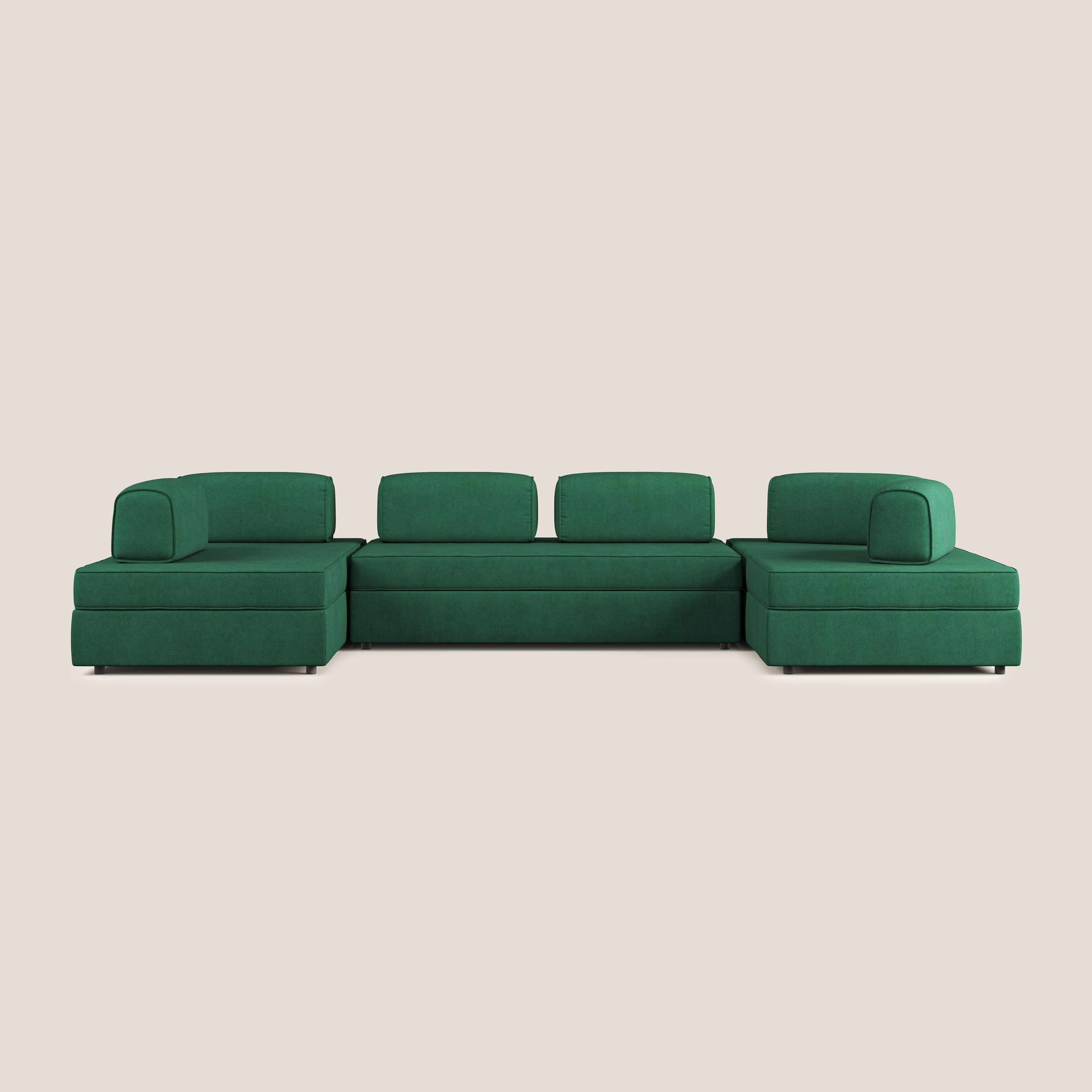 Liberty divano panoramico con pouf estraibile e schienali movibili in tessuto morbido impermeabile T02 verde - divani.store