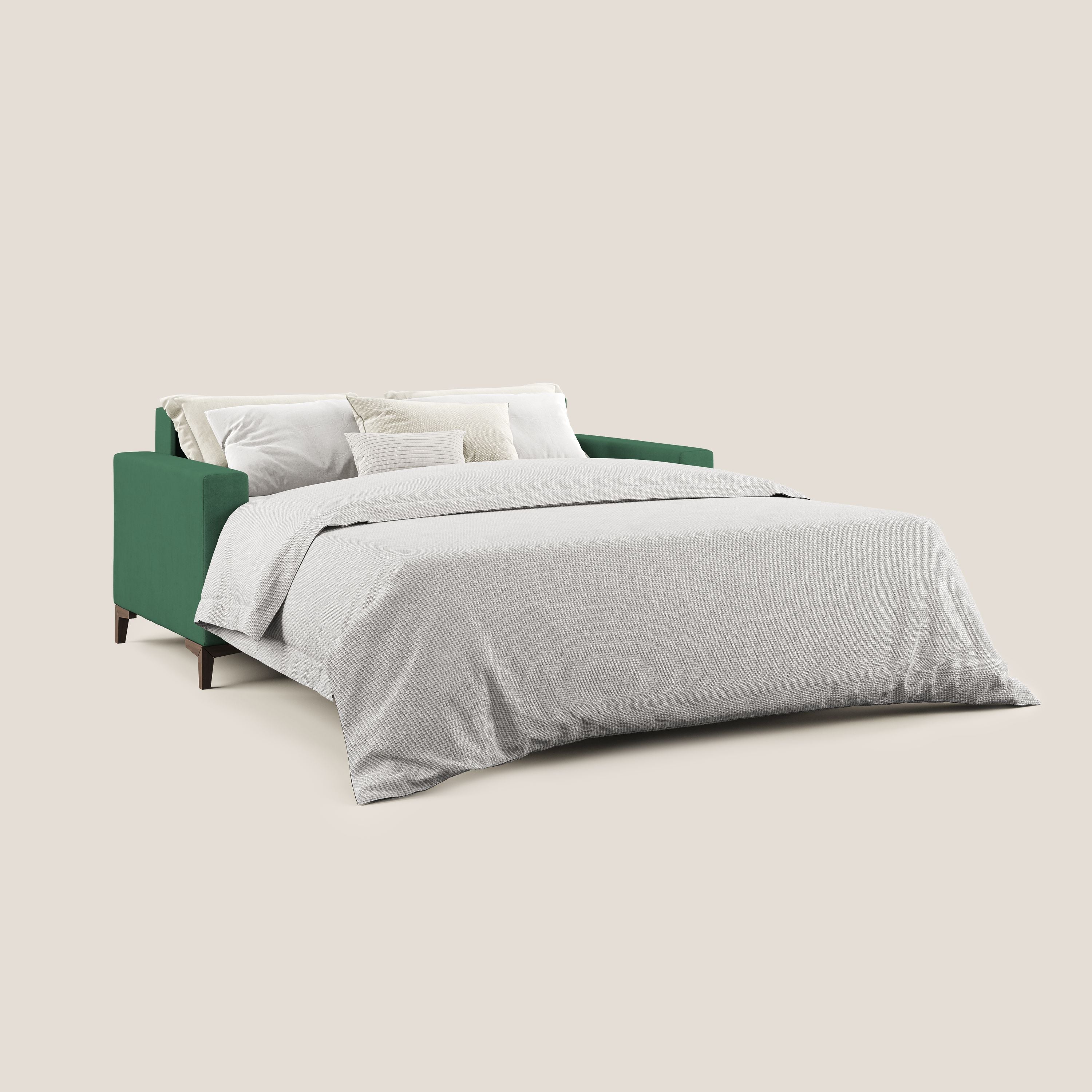 Kafka divano letto matrimoniale in morbido tessuto impermeabile T02 verde - divani.store