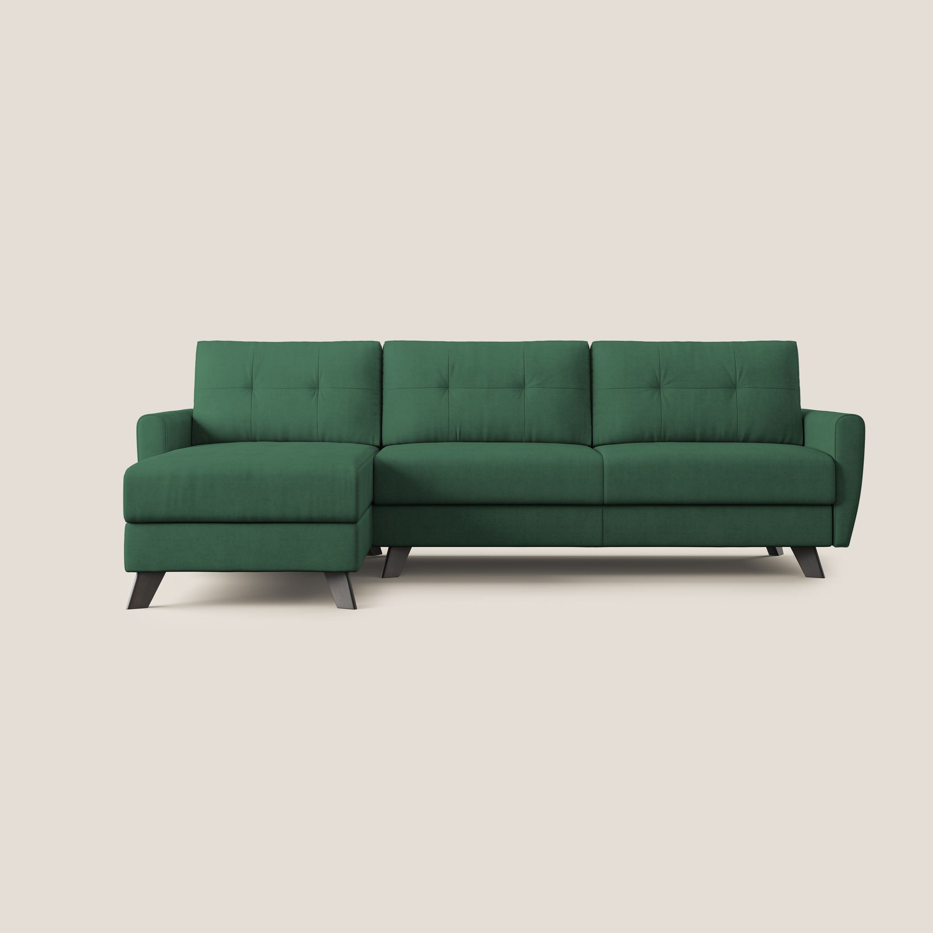 Callisto Divano letto angolare con penisola in tessuto morbido impermeabile T02 verde - divani.store