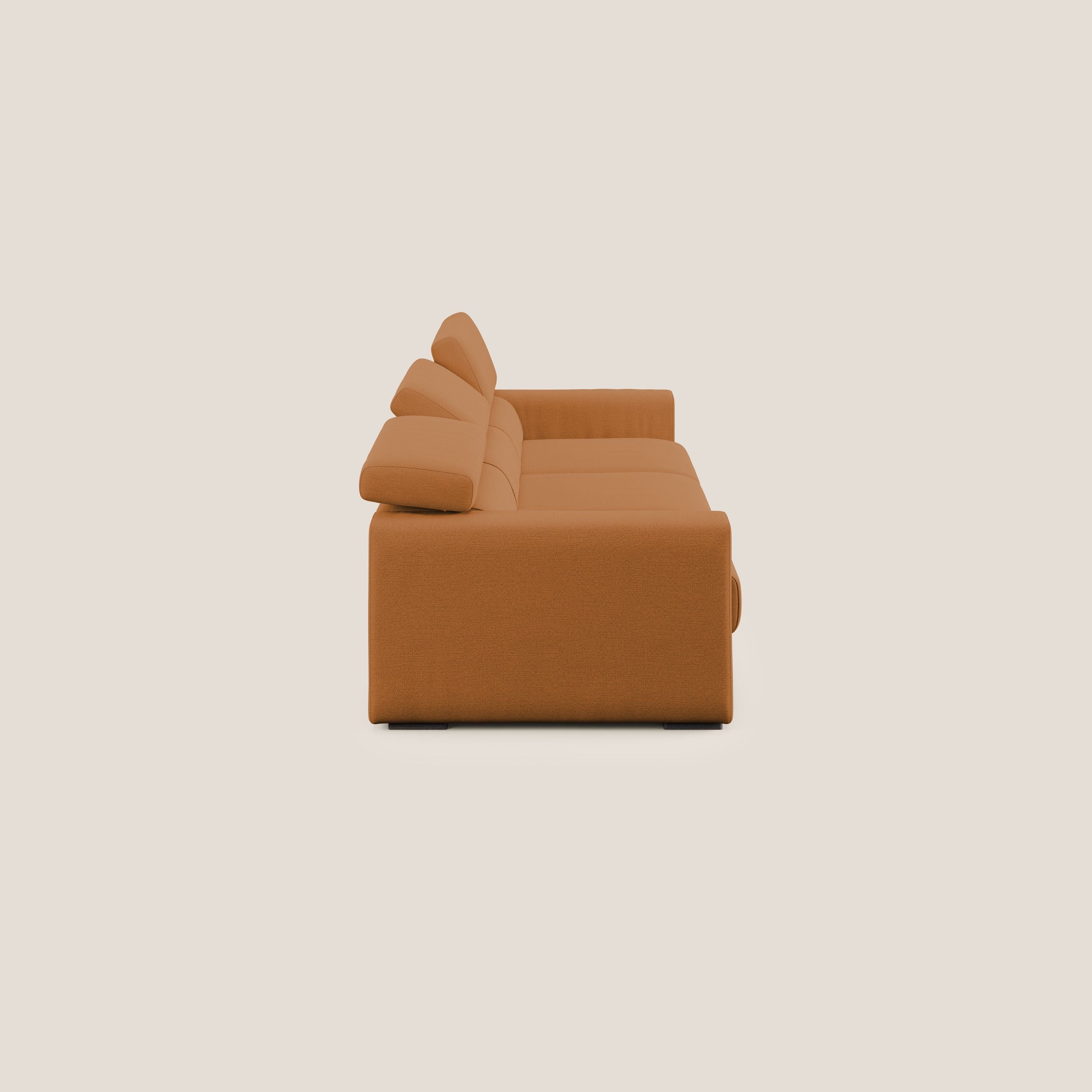 Dylan divano a 3 sedute con pouf estraibile poggiapiedi in tessuto fiammato simil cotone impermeabile T19 arancio - divani.store