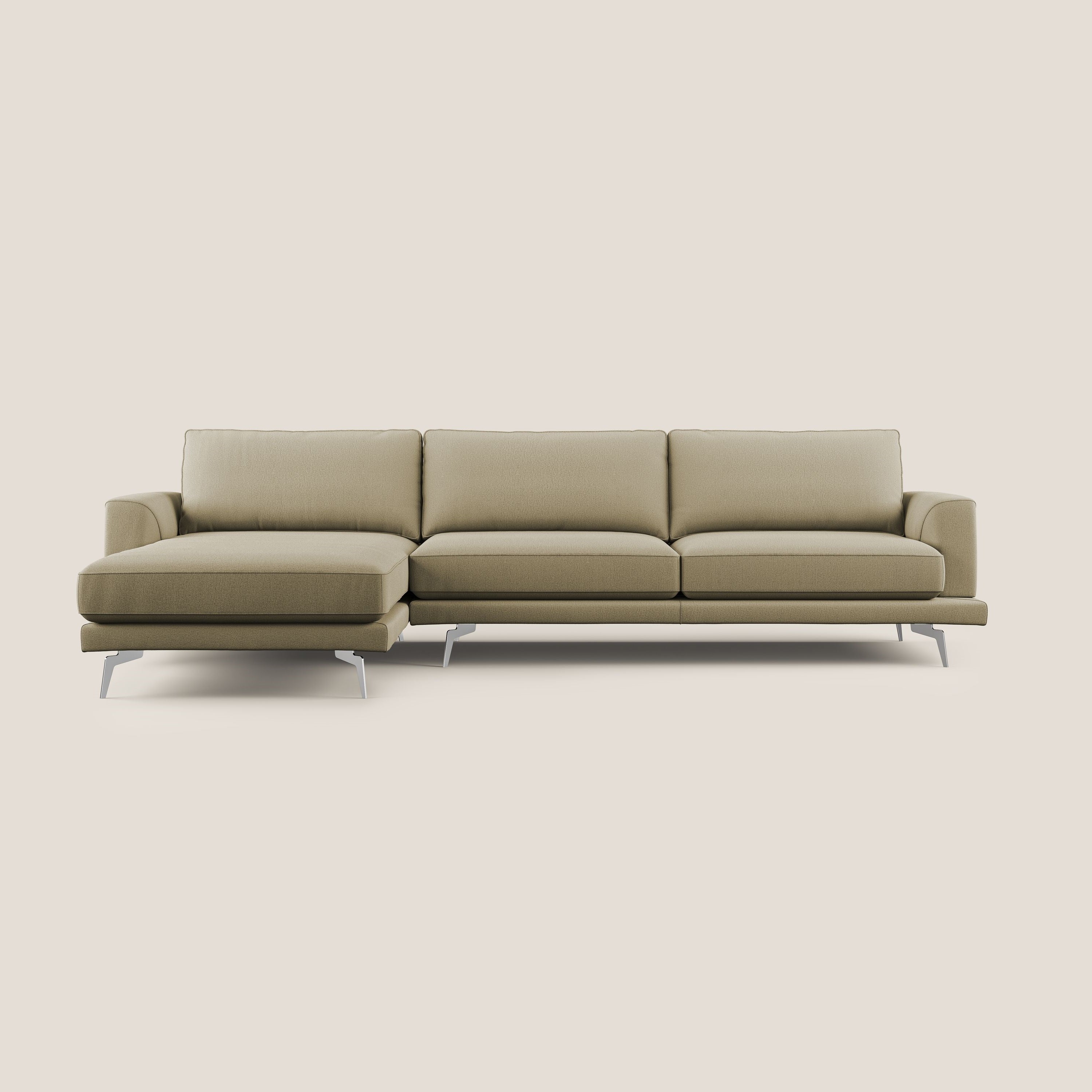 Dorian divano moderno angolare con penisola in tessuto morbido antimacchia T05 cammello - divani.store