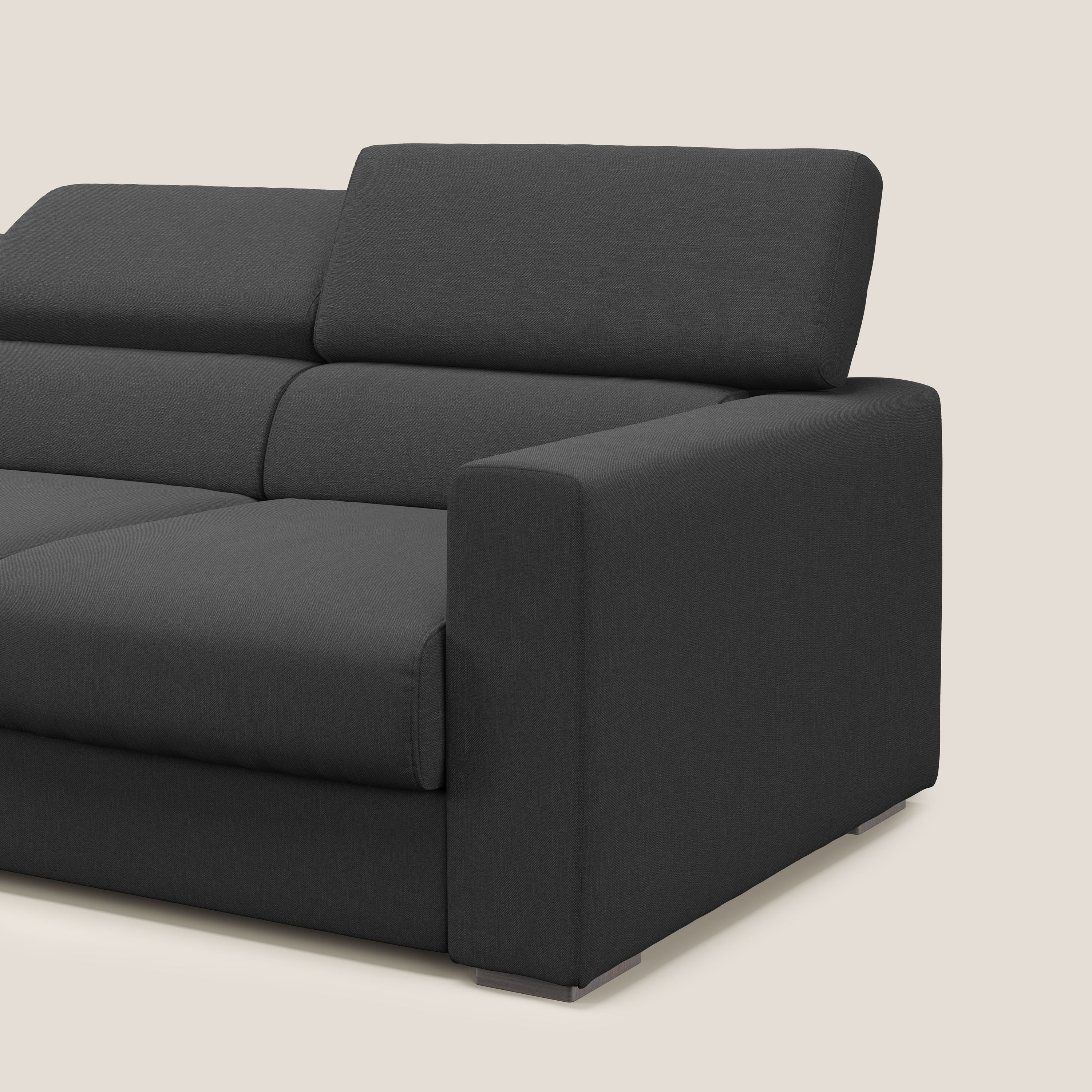 Dylan divano a 3 sedute con pouf estraibile poggiapiedi in tessuto simil cotone impermeabile T13 antracite - divani.store