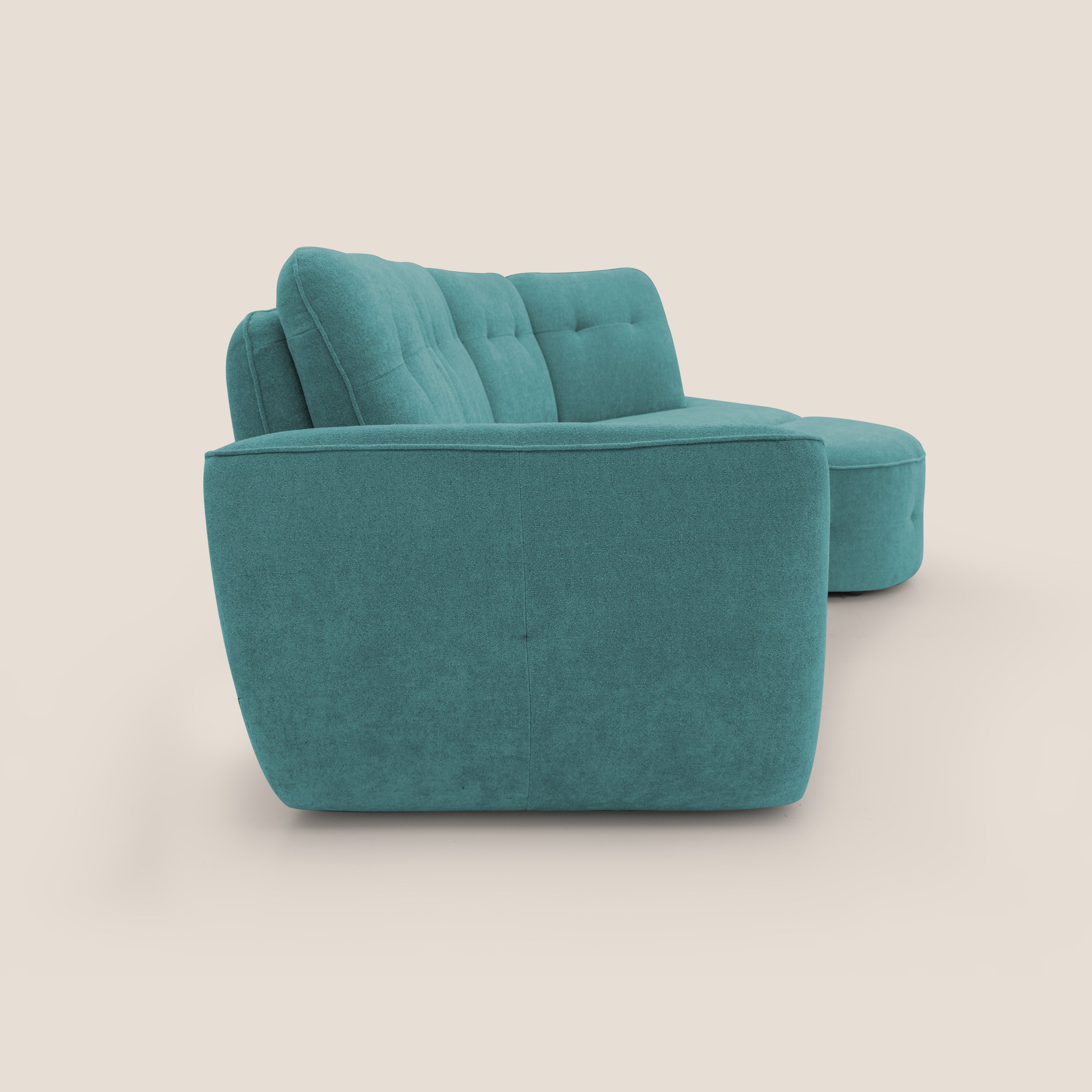Cerbero divano angolare con pouf mobile in morbido bouclé impermeabile T07 azzurro - divani.store