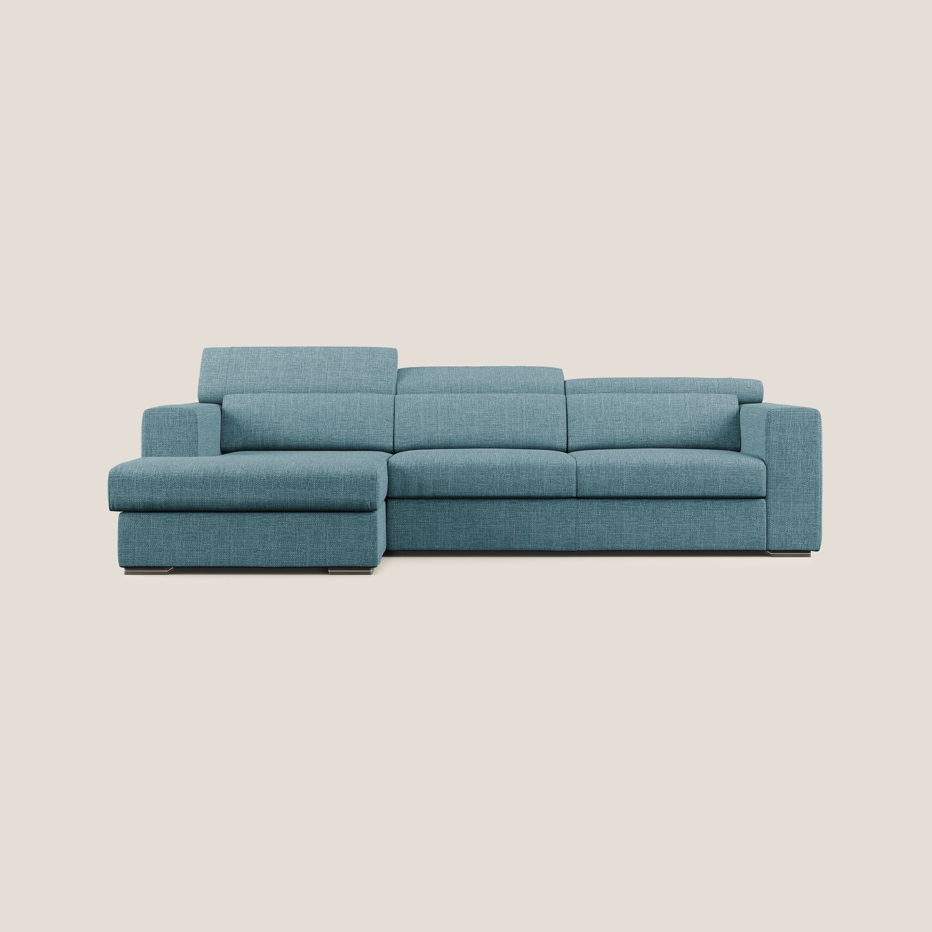 Vegas divano angolare con poggiatesta reclinabili in morbido tessuto impermeabile T06 azzurro - divani.store