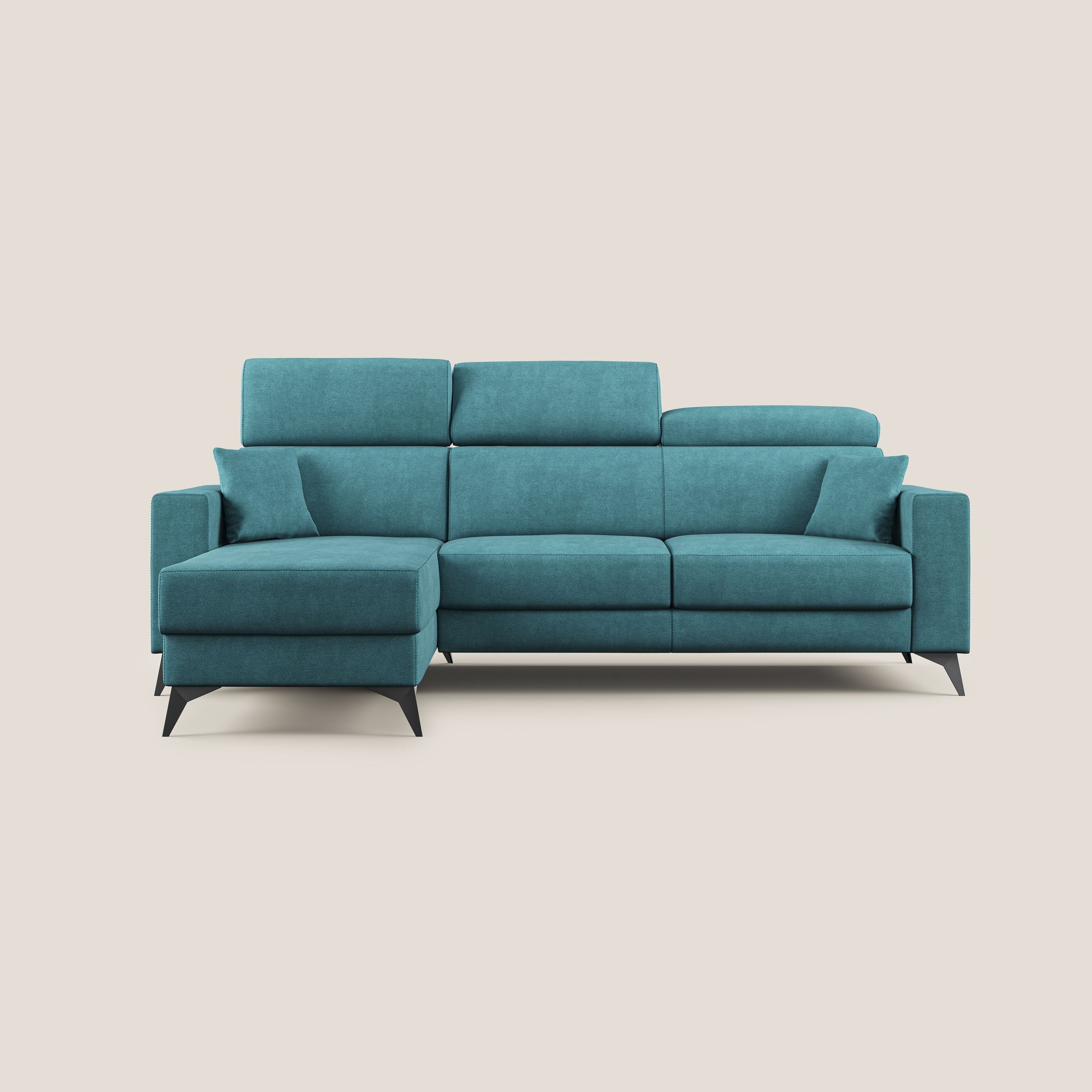 Pegaso divano letto angolare con poggiatesta reclinabili e rivestimento impermeabile T02 azzurro - divani.store