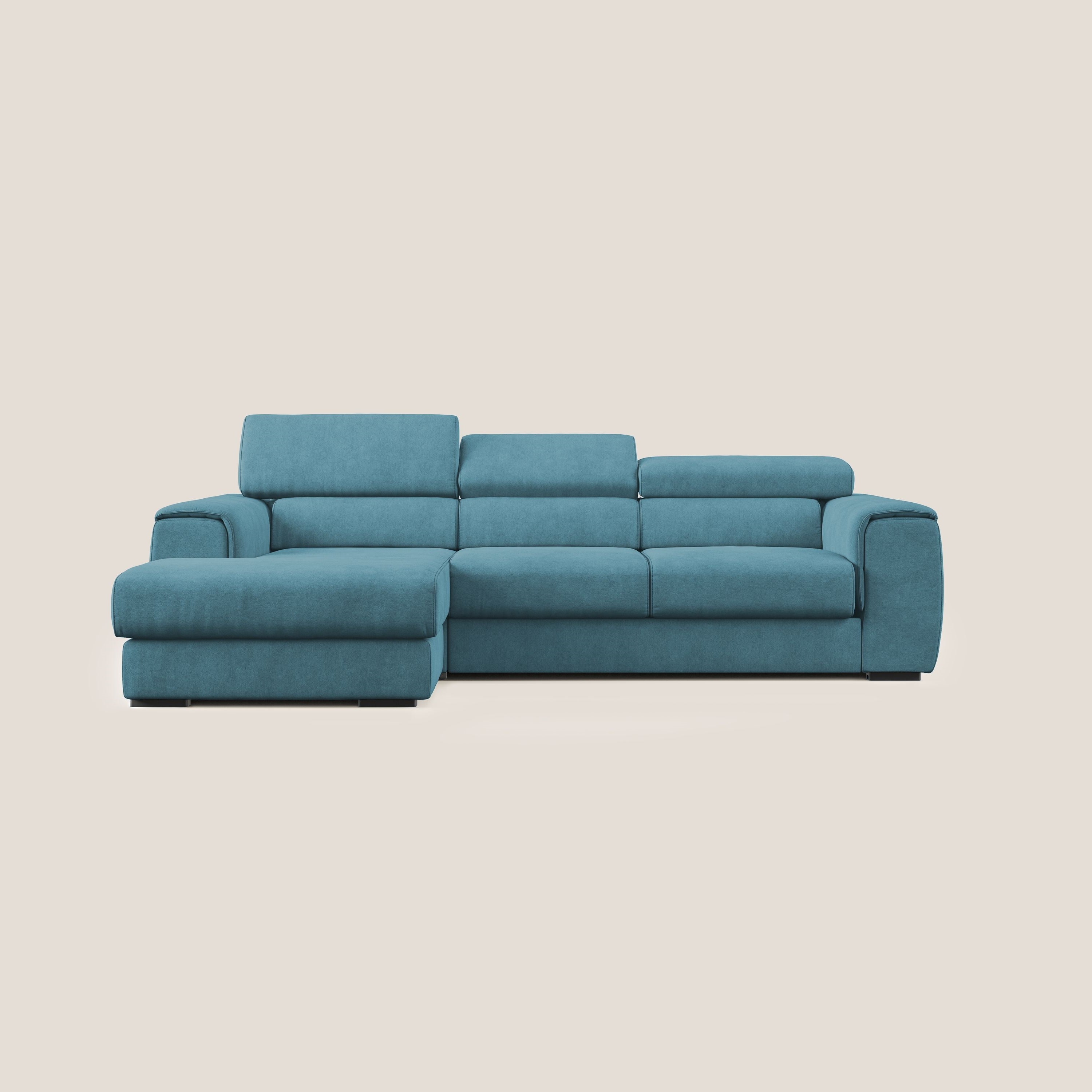 Zeno Divano angolare con pouf estraibile poggiapiedi in tessuto morbido impermeabile T02 azzurro - divani.store
