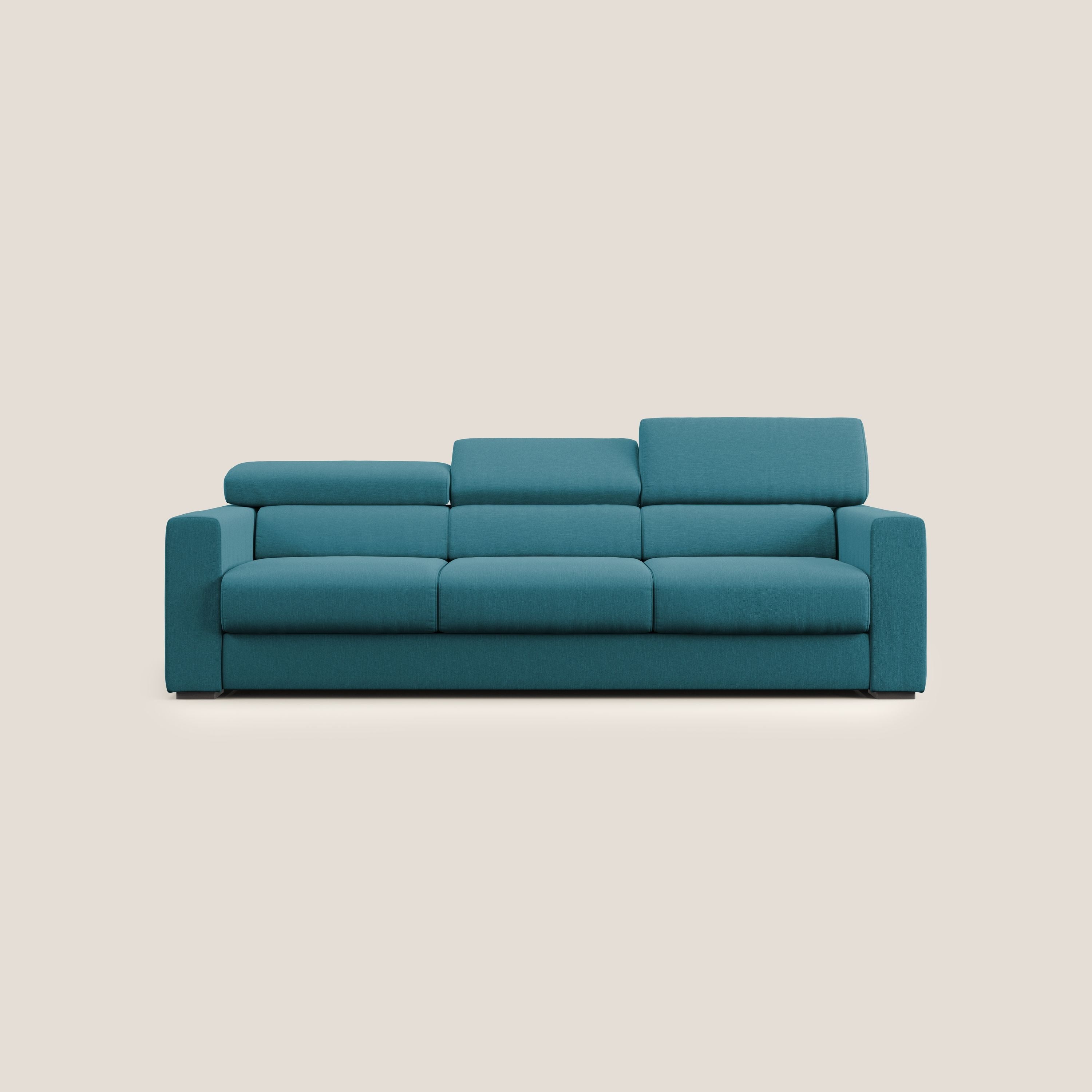 Dylan divano a 3 sedute con pouf estraibile poggiapiedi in tessuto simil cotone impermeabile T13 azzurro - divani.store