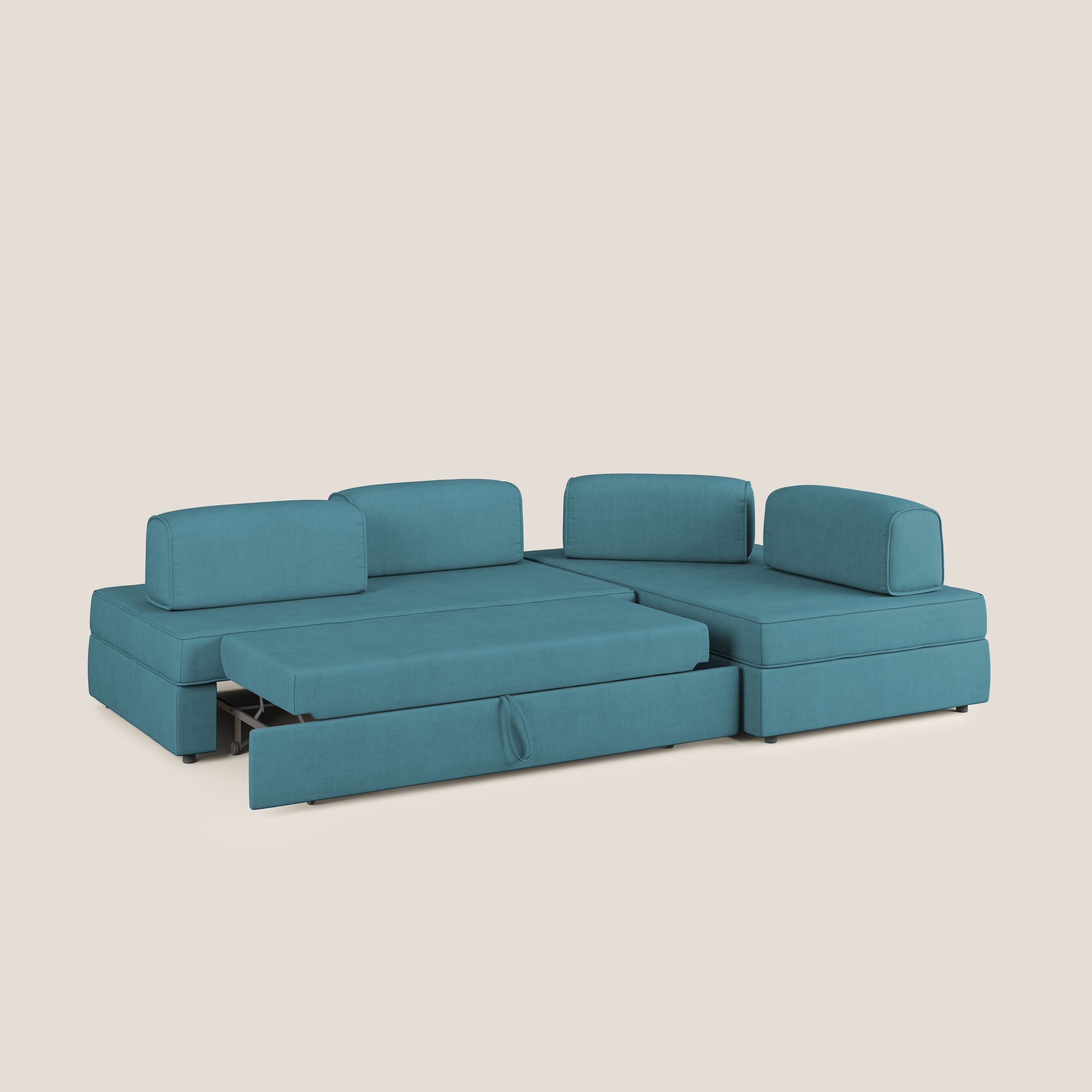 Liberty divano angolare con pouf estraibile e schienali movibili in tessuto morbido impermeabile T02 azzurro - divani.store