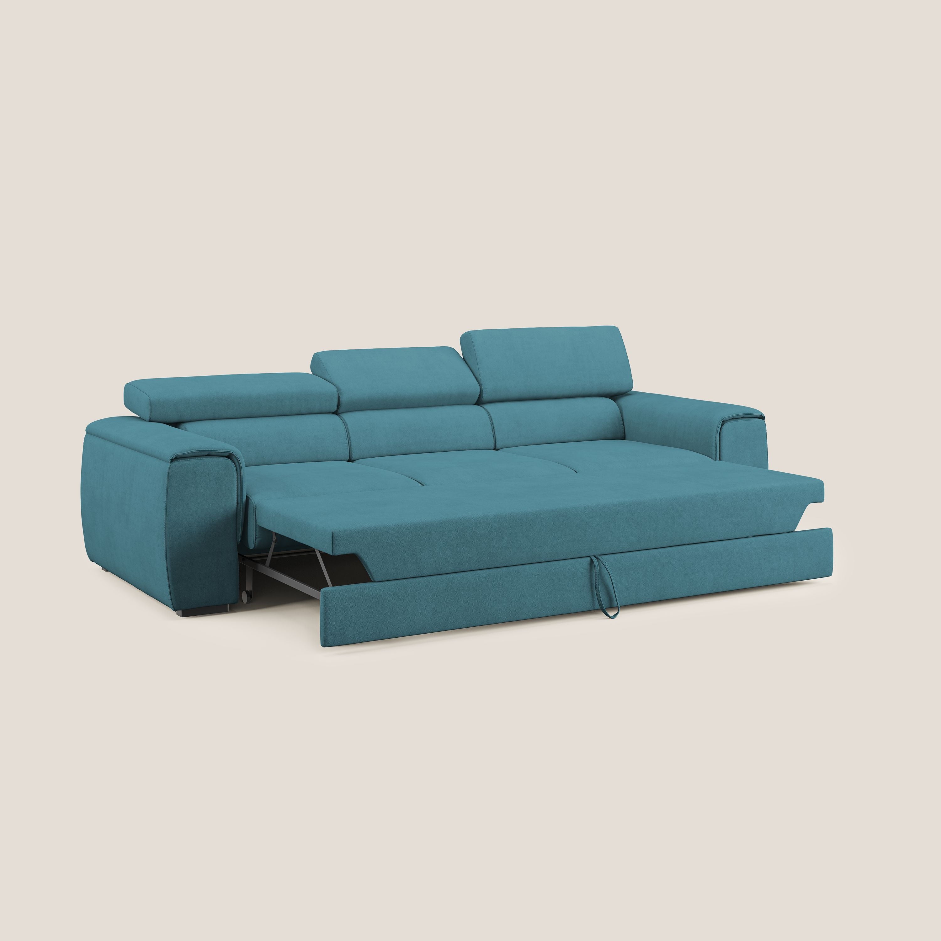 Zeno Divano con pouf estraibile poggiapiedi a 3 sedute in tessuto morbido impermeabile T02 azzurro - divani.store