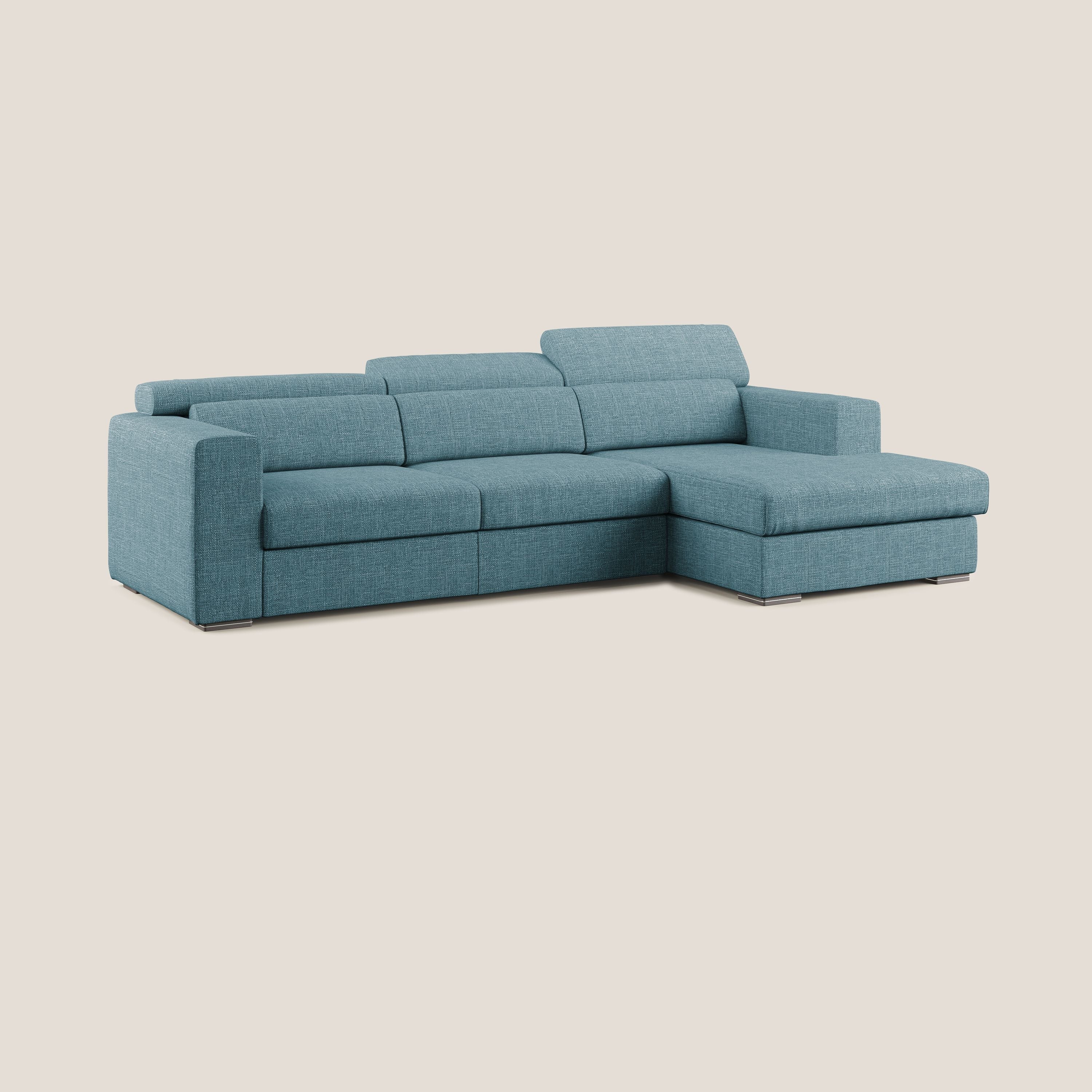 Vegas divano angolare con poggiatesta reclinabili in morbido tessuto impermeabile T06 azzurro - divani.store