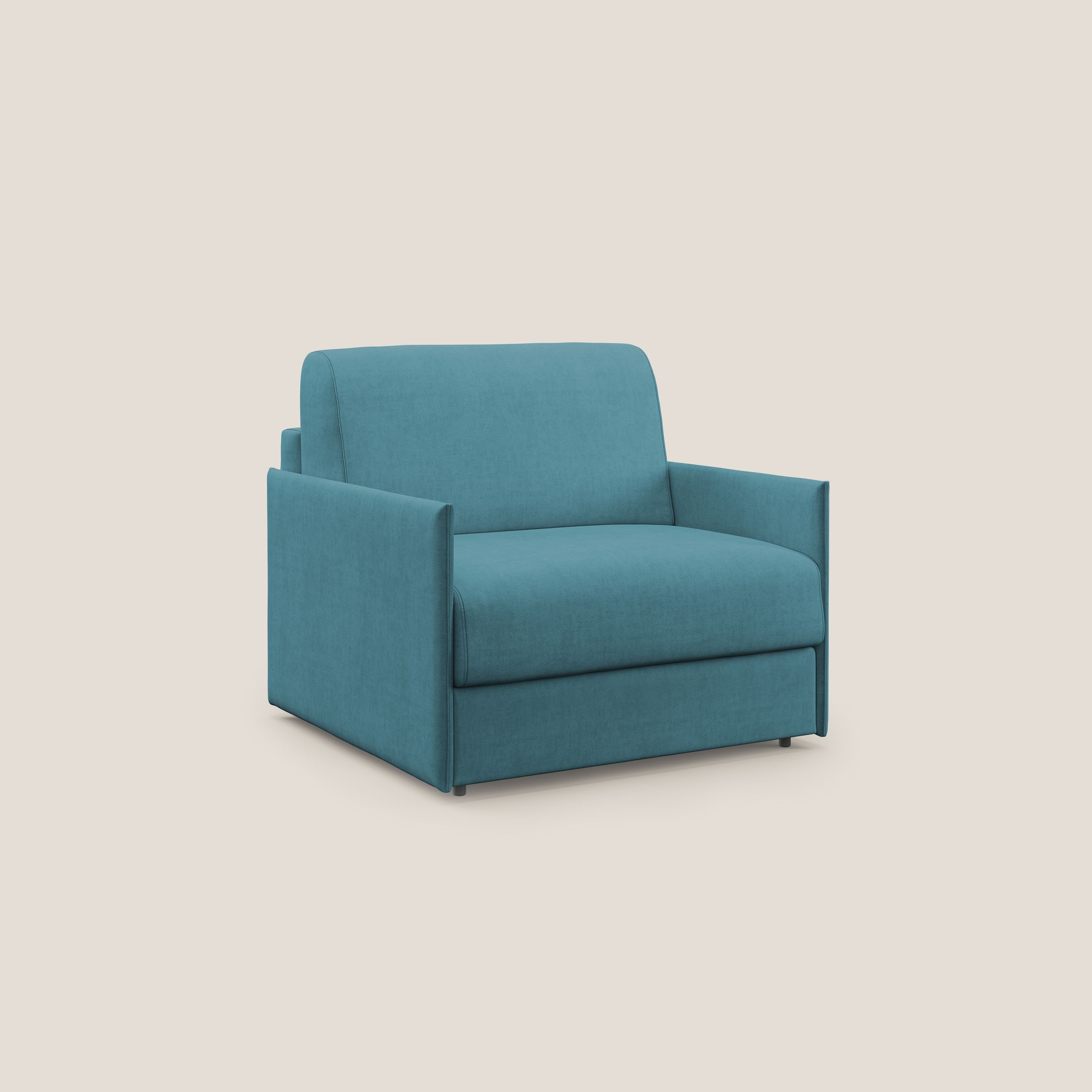 Evans poltrona letto in morbido tessuto impermeabile T02 azzurro - divani.store