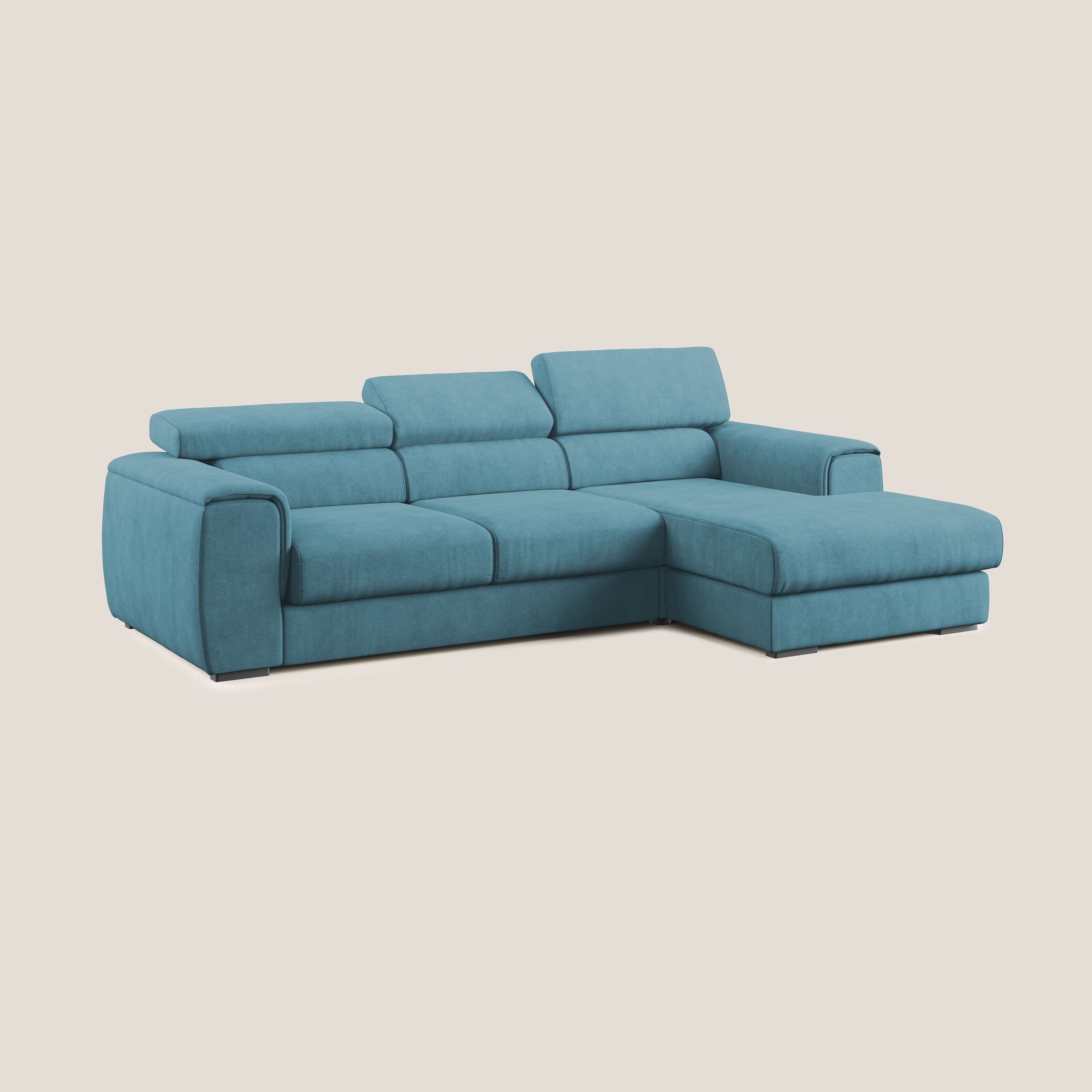 Zeno Divano angolare con pouf estraibile poggiapiedi in tessuto morbido impermeabile T02 azzurro - divani.store