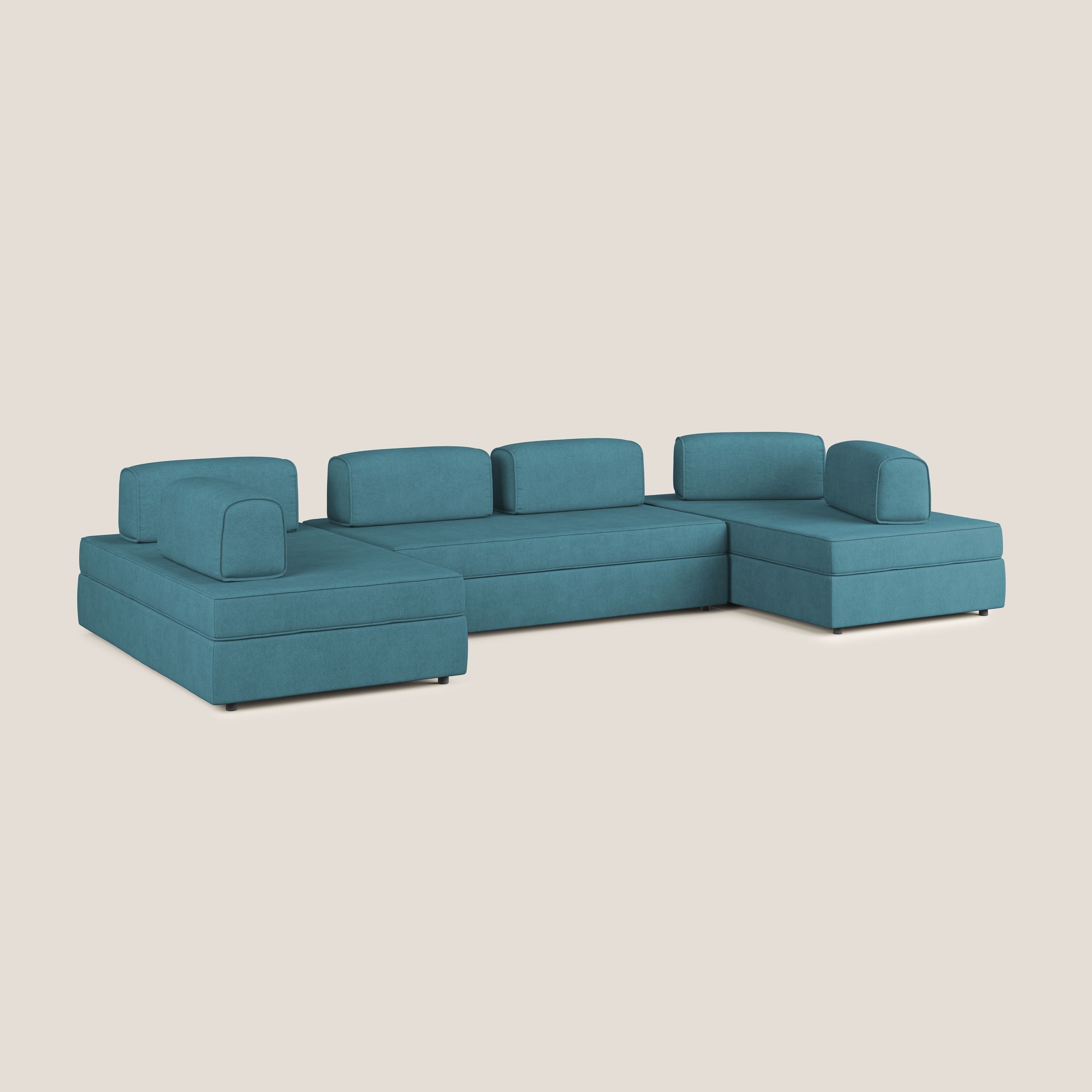 Liberty divano panoramico con pouf estraibile e schienali movibili in tessuto morbido impermeabile T02 azzurro - divani.store