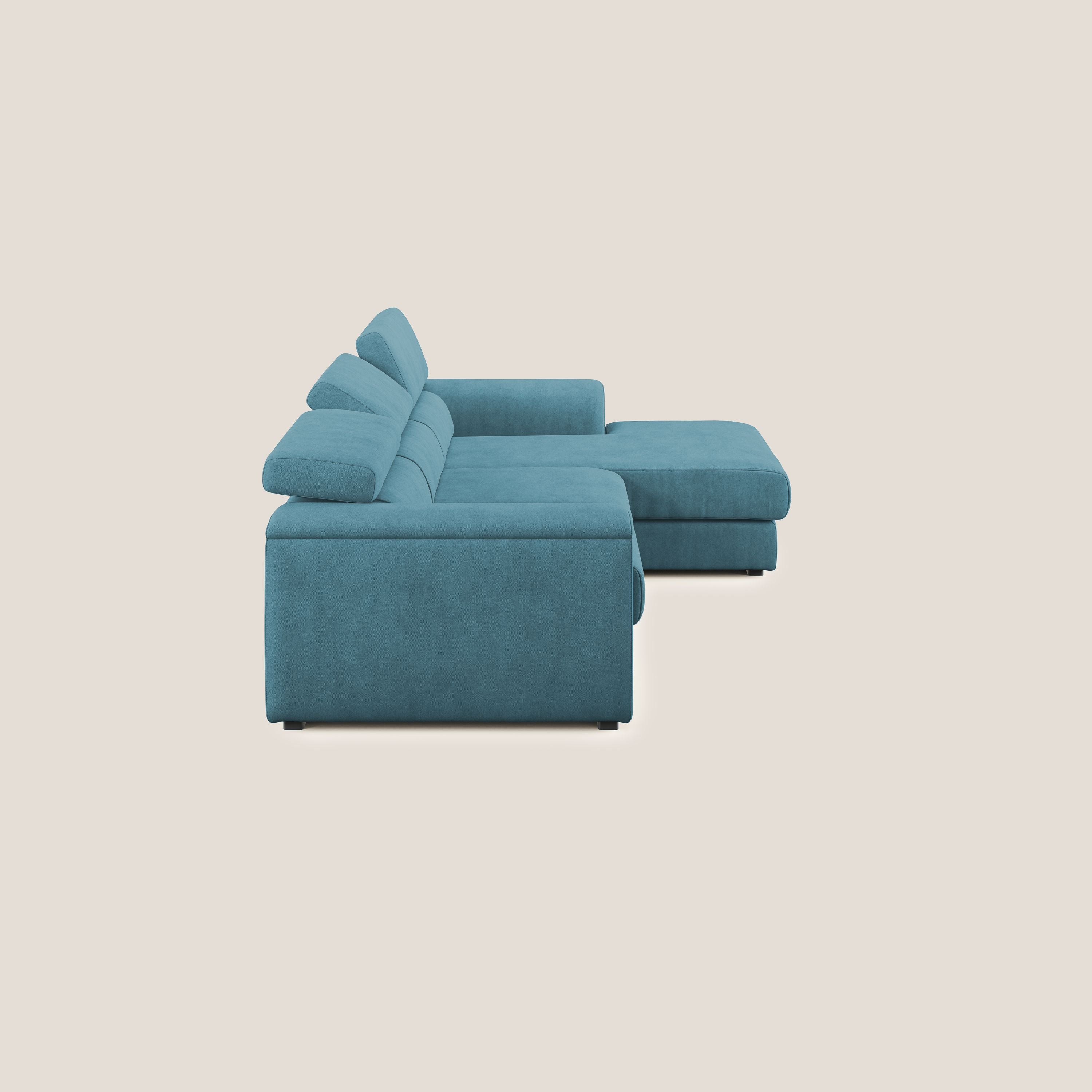 Zeno Divano angolare con pouf estraibile poggiapiedi in tessuto morbido impermeabile T02 azzurro - divani.store