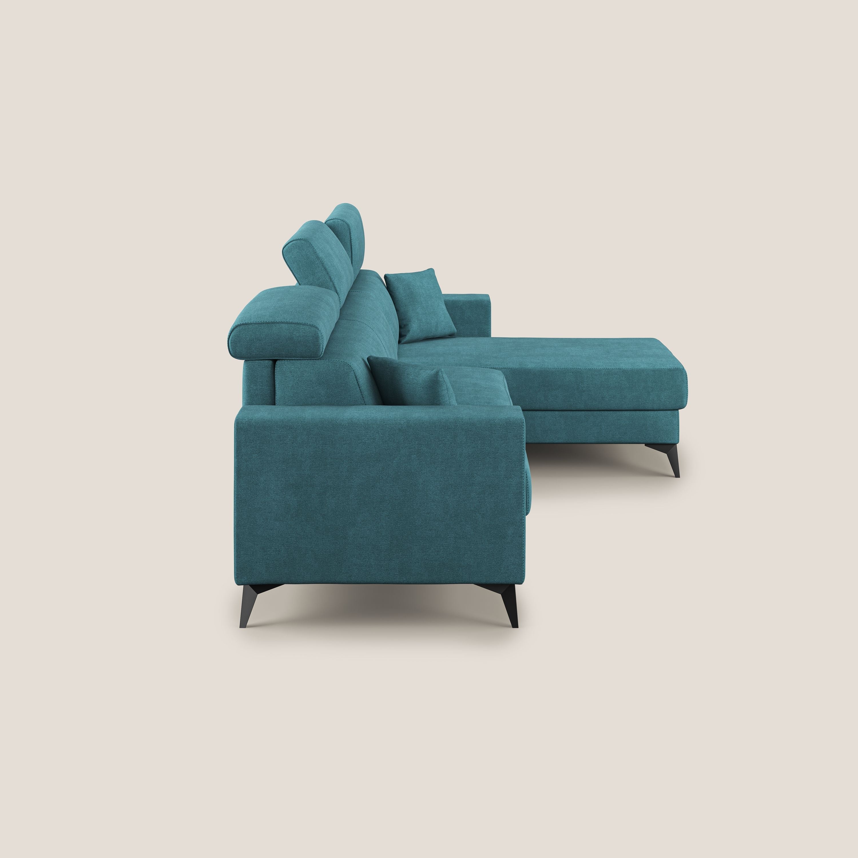 Pegaso divano letto angolare con poggiatesta reclinabili e rivestimento impermeabile T02 azzurro - divani.store
