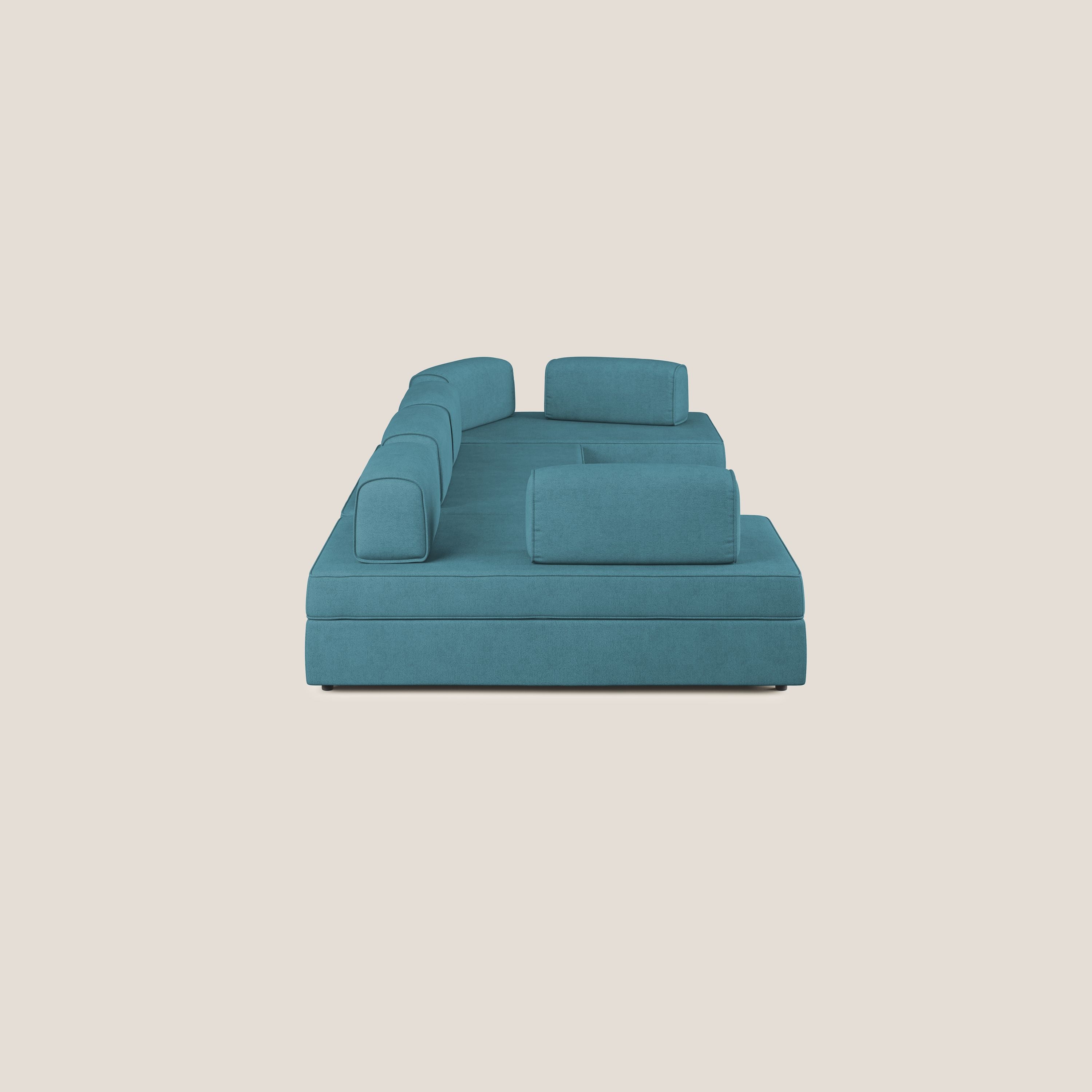 Liberty divano panoramico con pouf estraibile e schienali movibili in tessuto morbido impermeabile T02 azzurro - divani.store