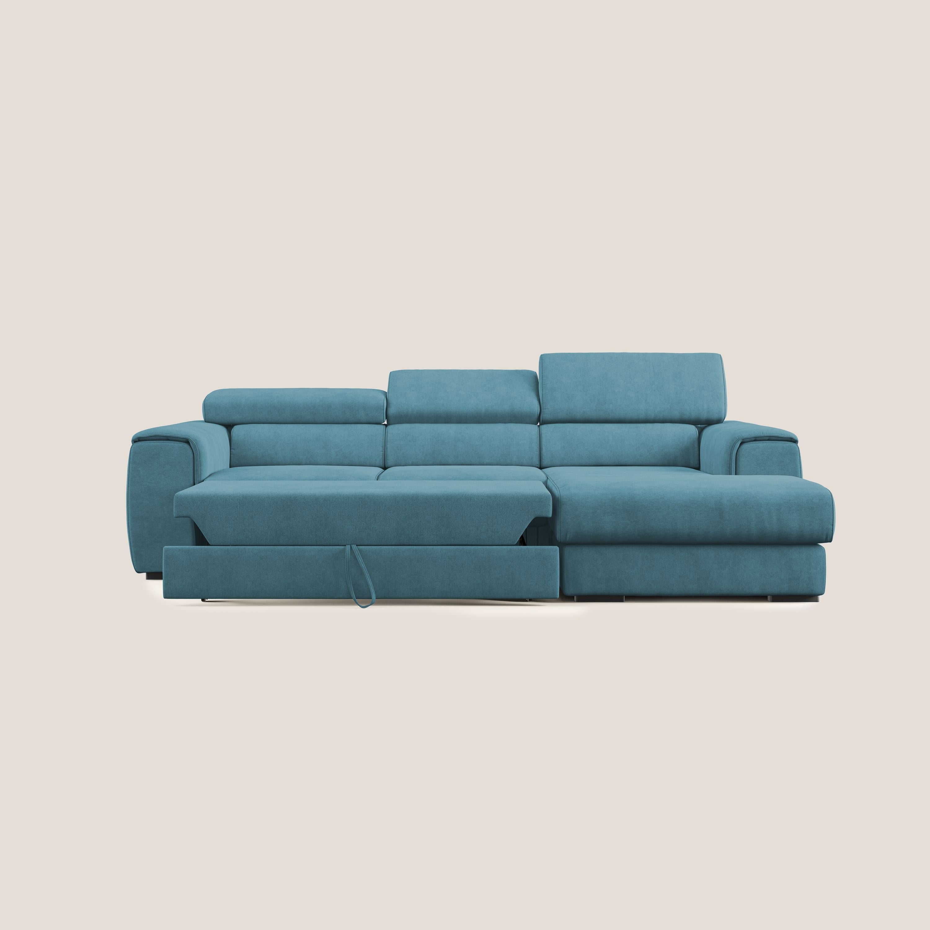 Zeno Divano angolare con pouf estraibile poggiapiedi in tessuto morbido impermeabile T02 azzurro - divani.store