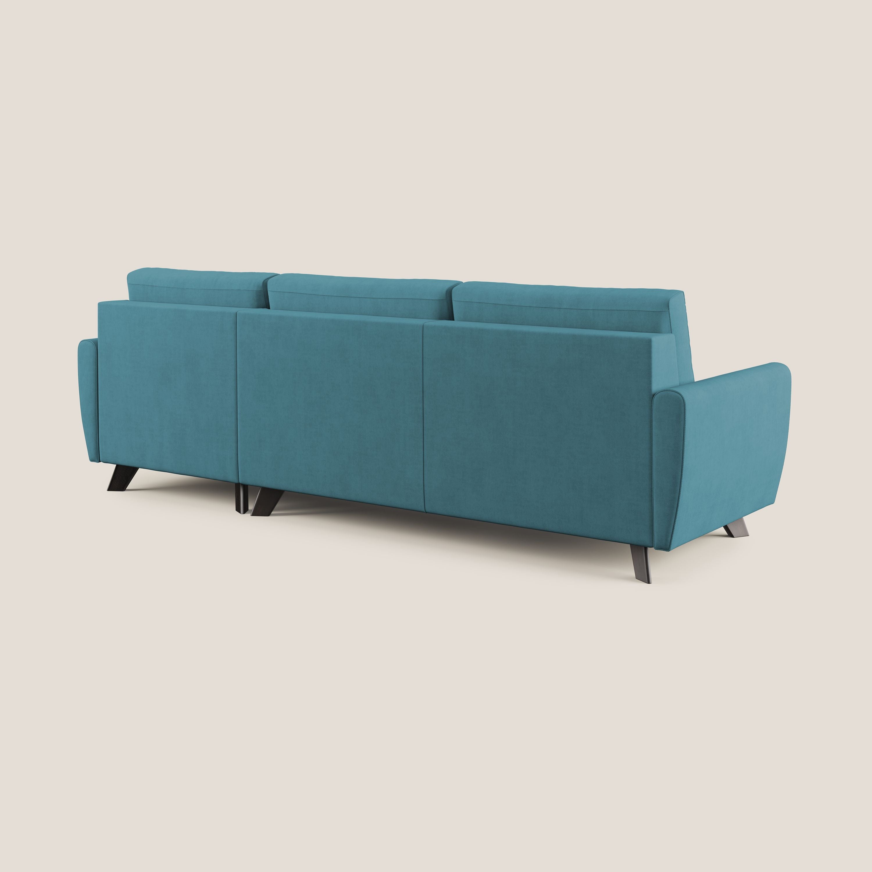 Callisto Divano letto angolare con penisola in tessuto morbido impermeabile T02 azzurro - divani.store
