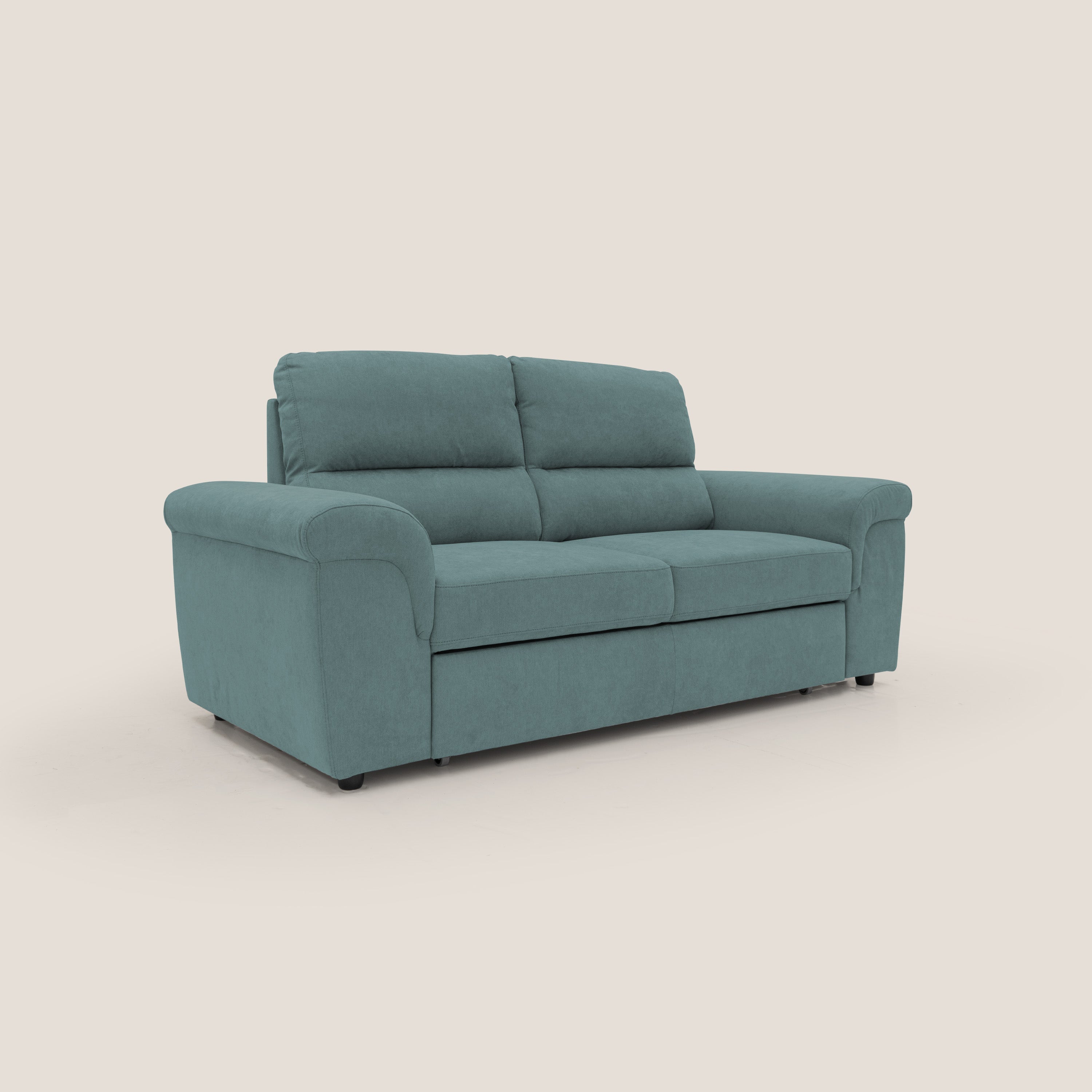 Minerva divano con pouf estraibile poggiapiedi in tessuto morbido impermeabile T02 petrolio - divani.store