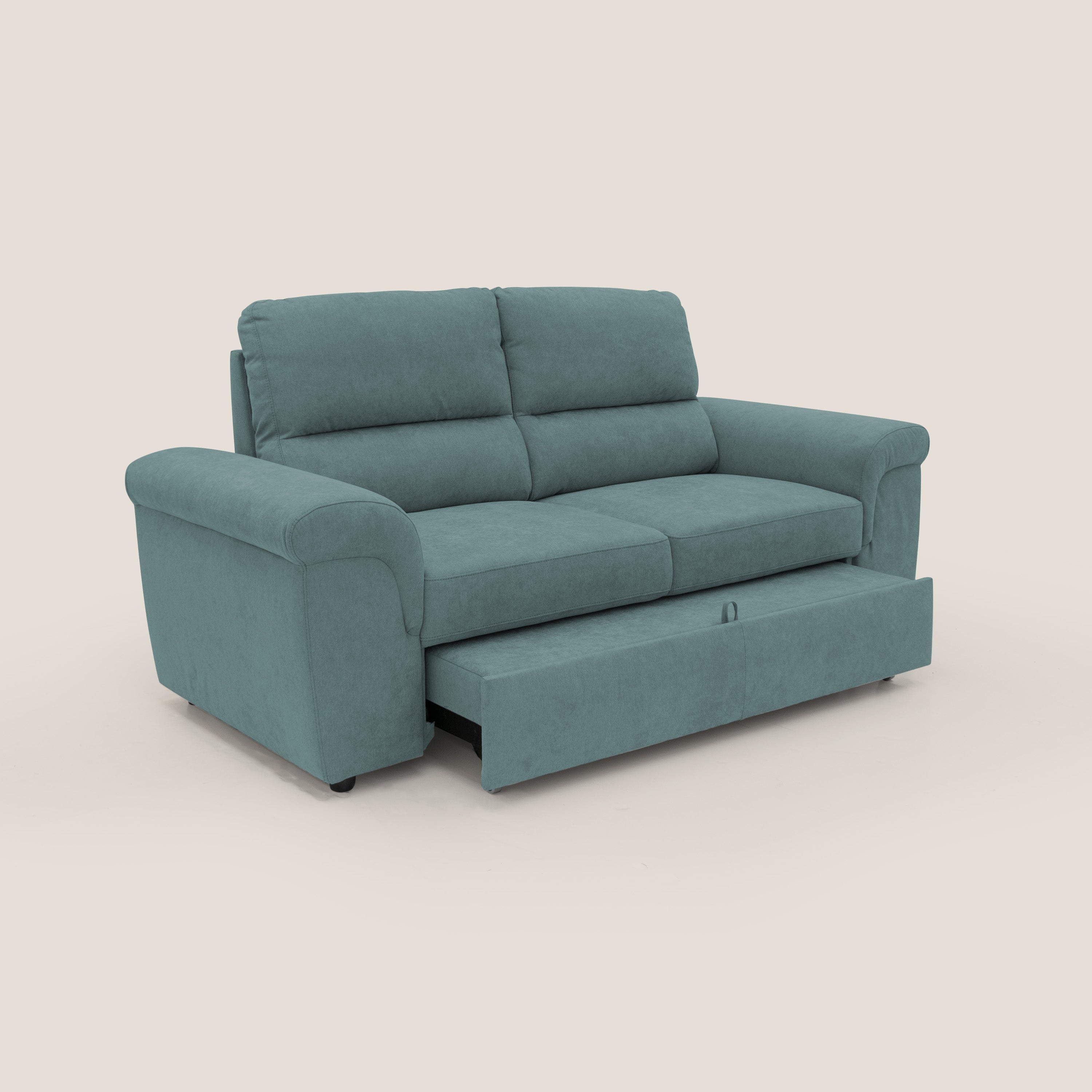Minerva divano con pouf estraibile poggiapiedi in tessuto morbido impermeabile T02 petrolio - divani.store