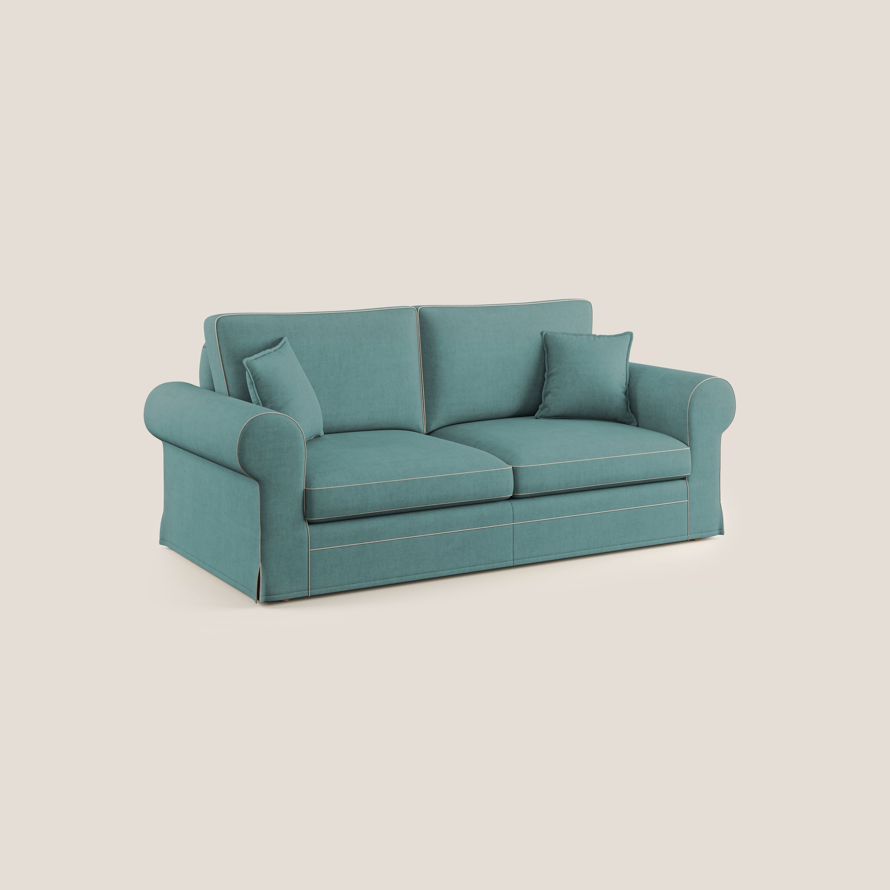 Lady divano classico bicolore in piuma d'oca realizzato con tessuto impermeabile T02 petrolio - panna - divani.store