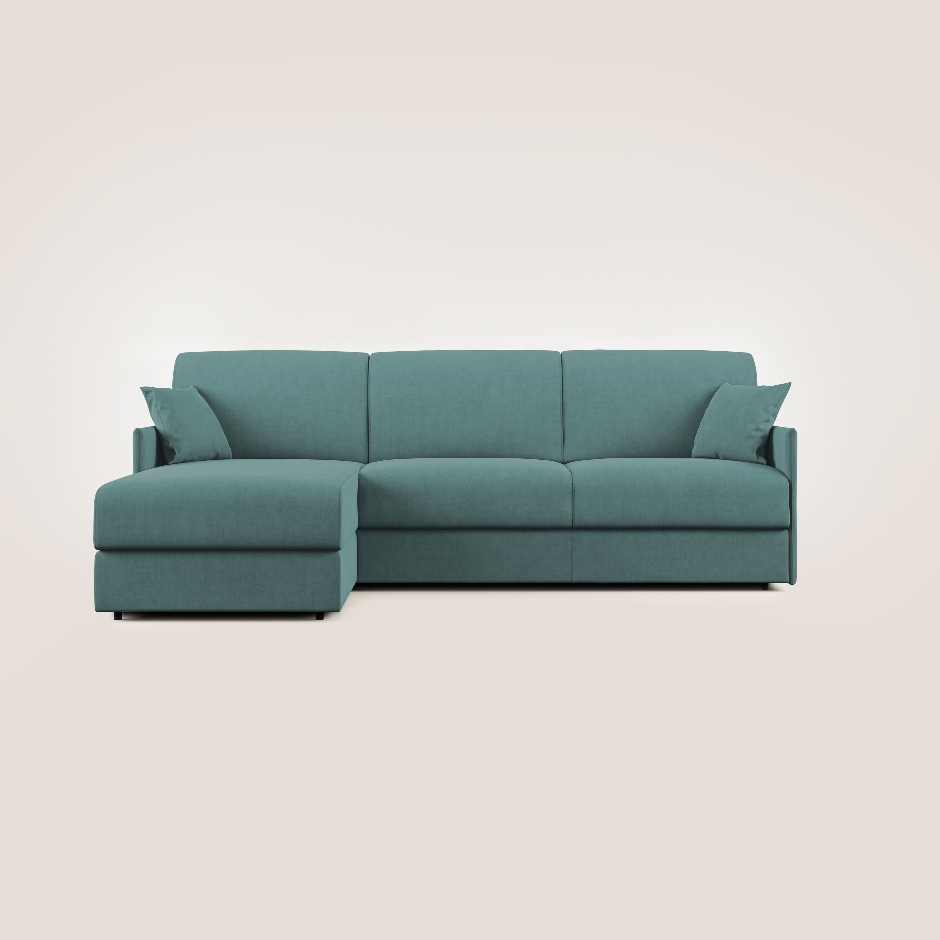 Evans Divano letto angolare con penisola in morbido tessuto impermeabile T02 petrolio - divani.store
