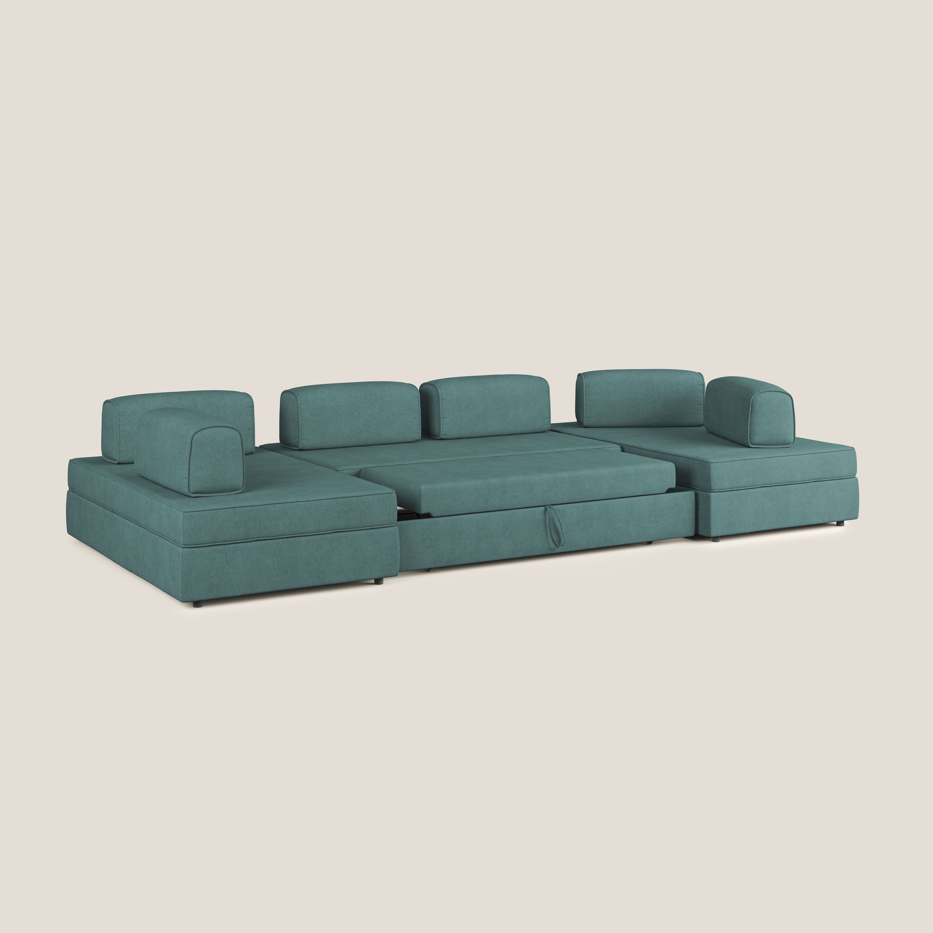Liberty divano panoramico con pouf estraibile e schienali movibili in tessuto morbido impermeabile T02 petrolio - divani.store