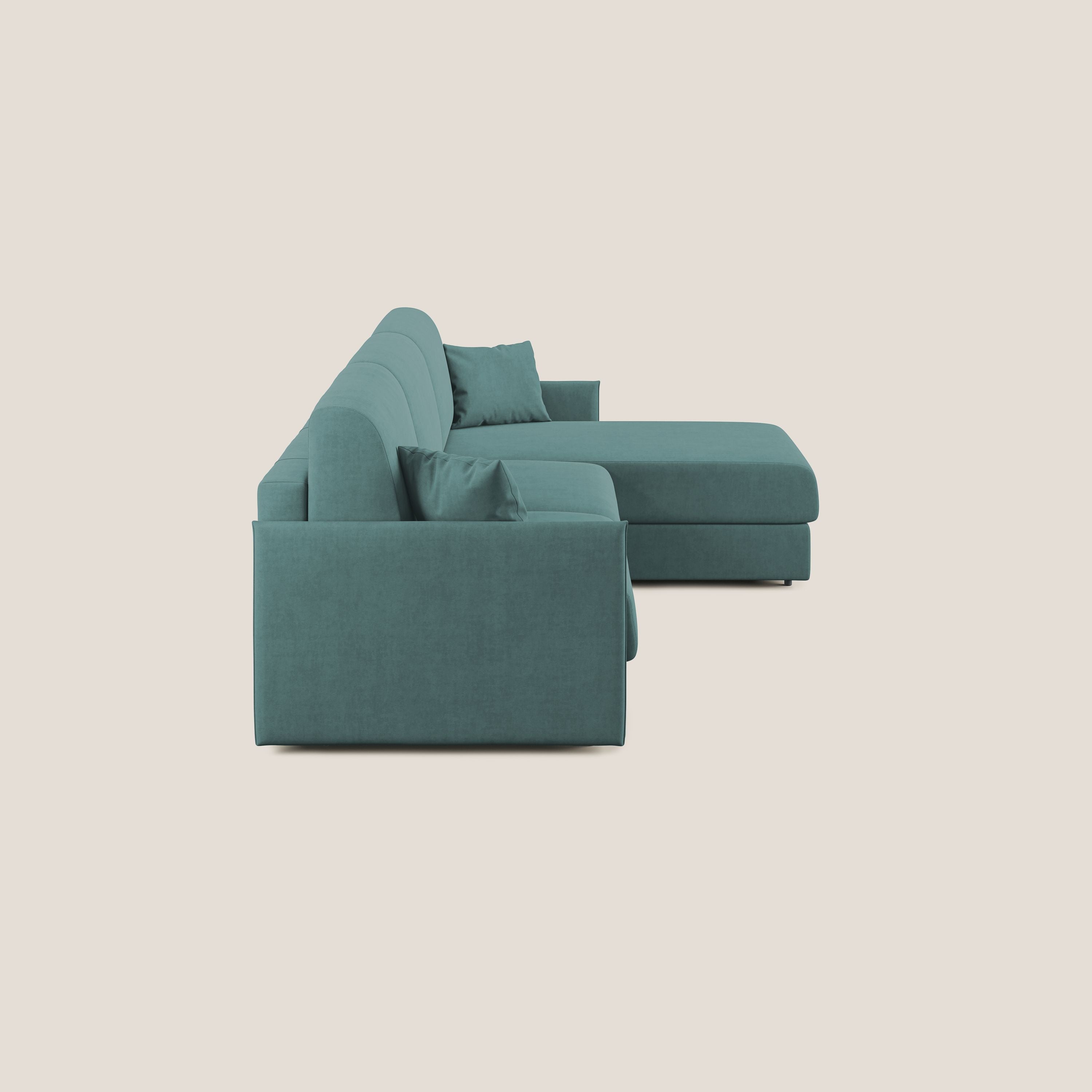 Evans Divano letto angolare con penisola in morbido tessuto impermeabile T02 petrolio - divani.store