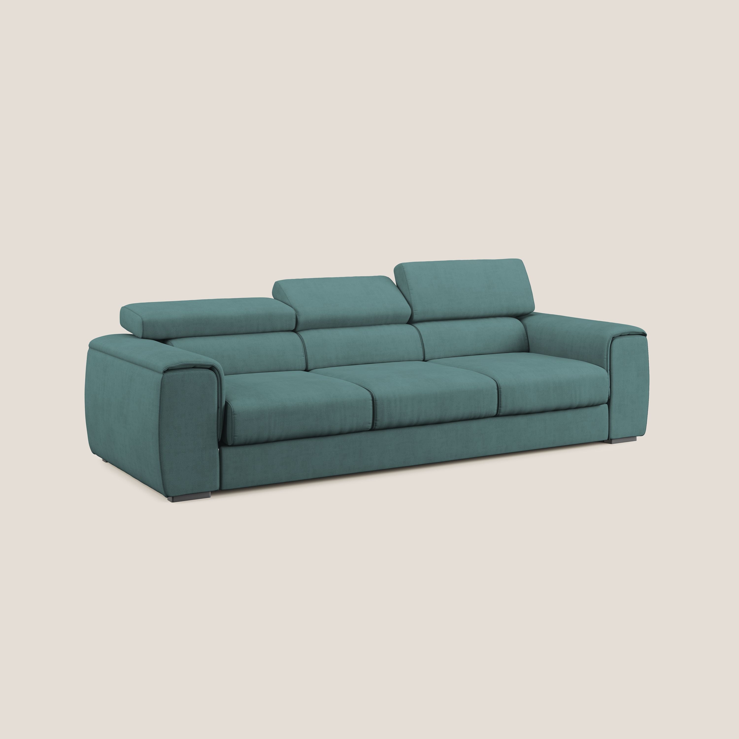 Zeno Divano con pouf estraibile poggiapiedi a 3 sedute in tessuto morbido impermeabile T02 petrolio - divani.store