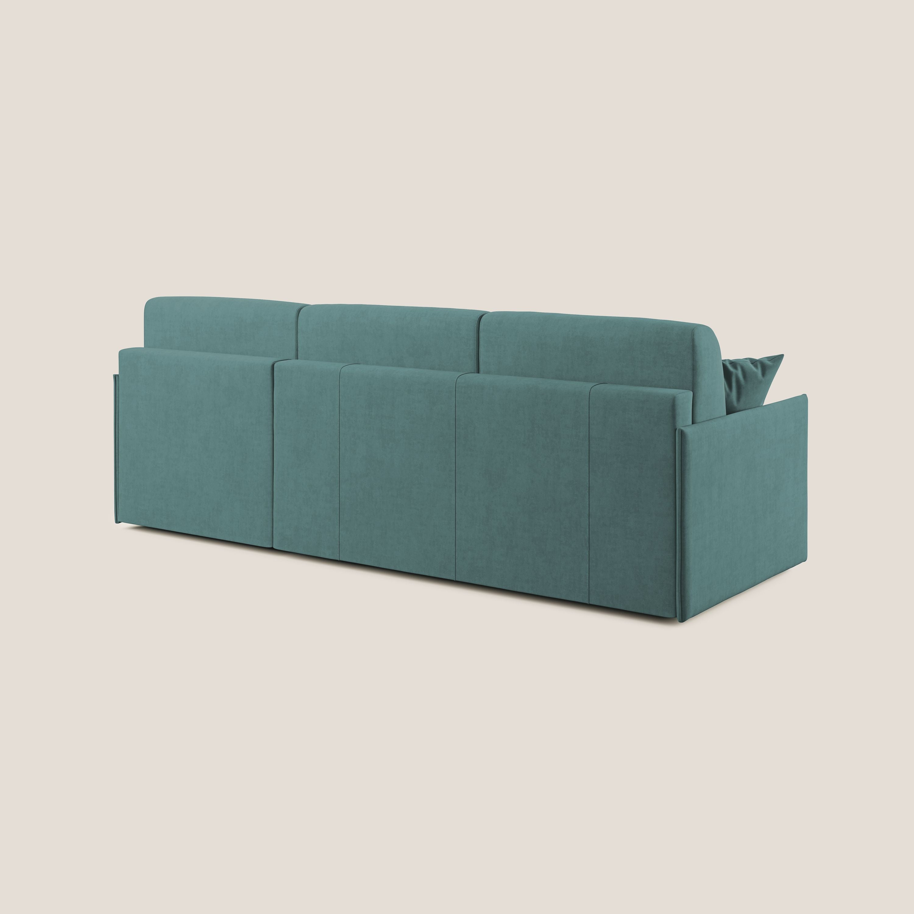 Evans Divano letto angolare con penisola in morbido tessuto impermeabile T02 petrolio - divani.store