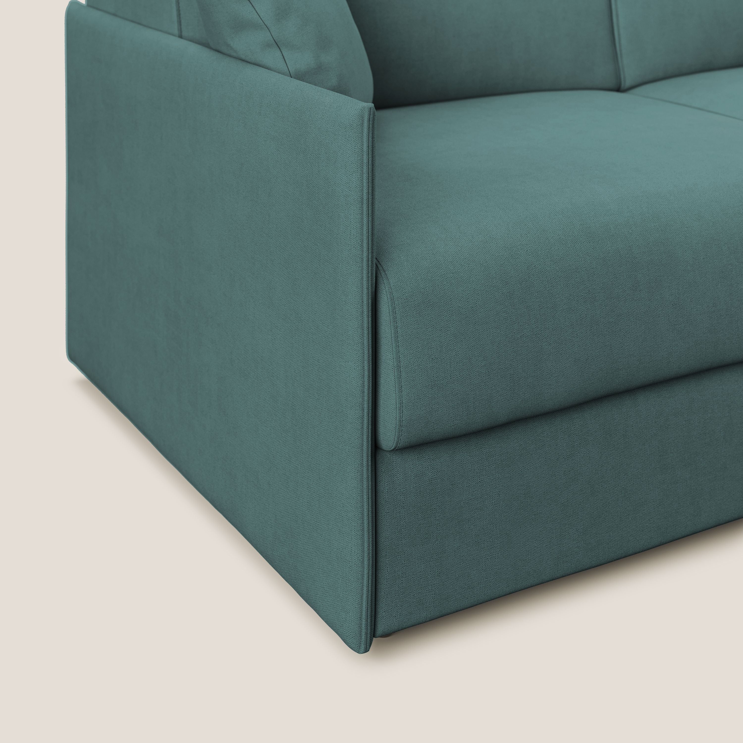 Evans Divano letto angolare con penisola in morbido tessuto impermeabile T02 petrolio - divani.store