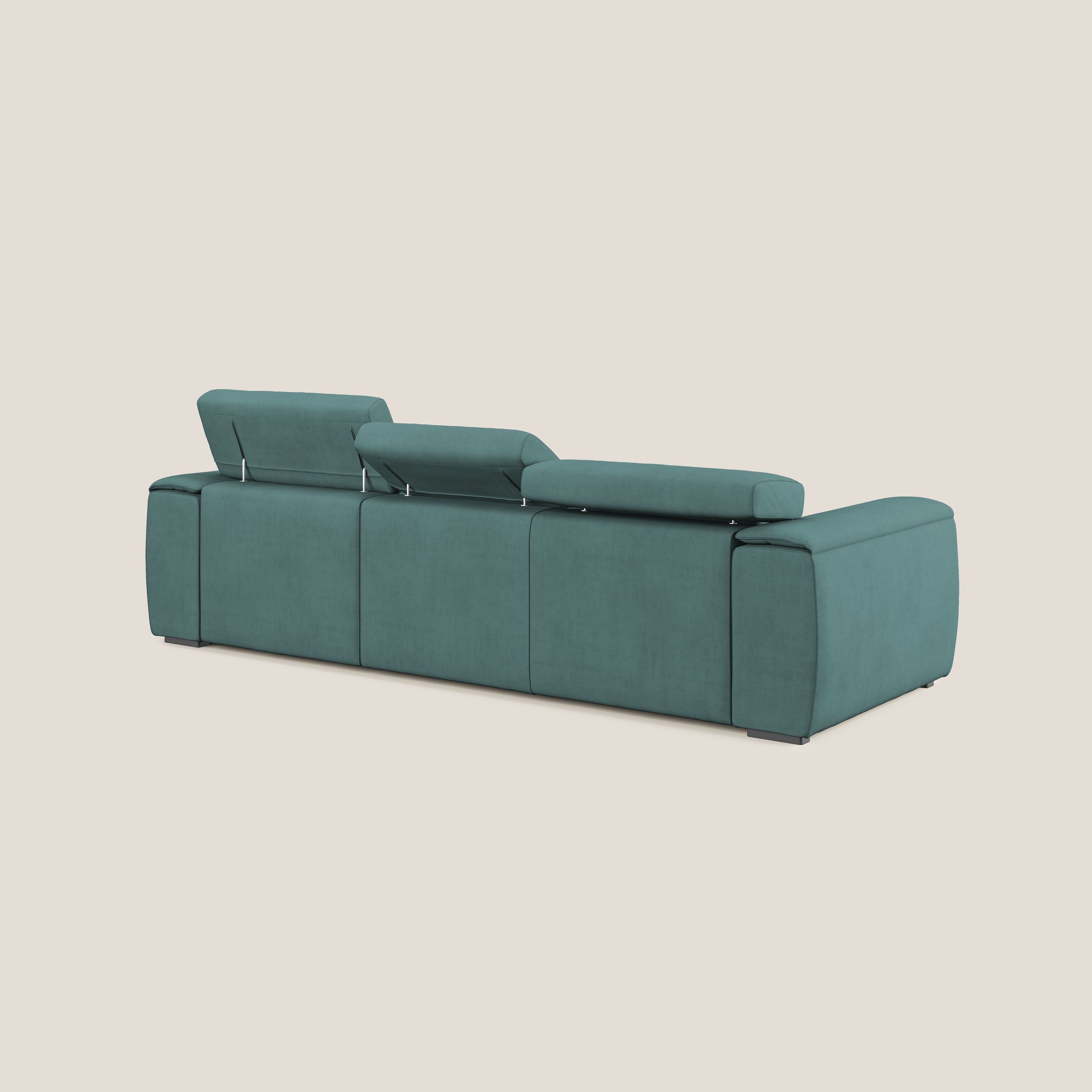 Zeno Divano con pouf estraibile poggiapiedi a 3 sedute in tessuto morbido impermeabile T02 petrolio - divani.store