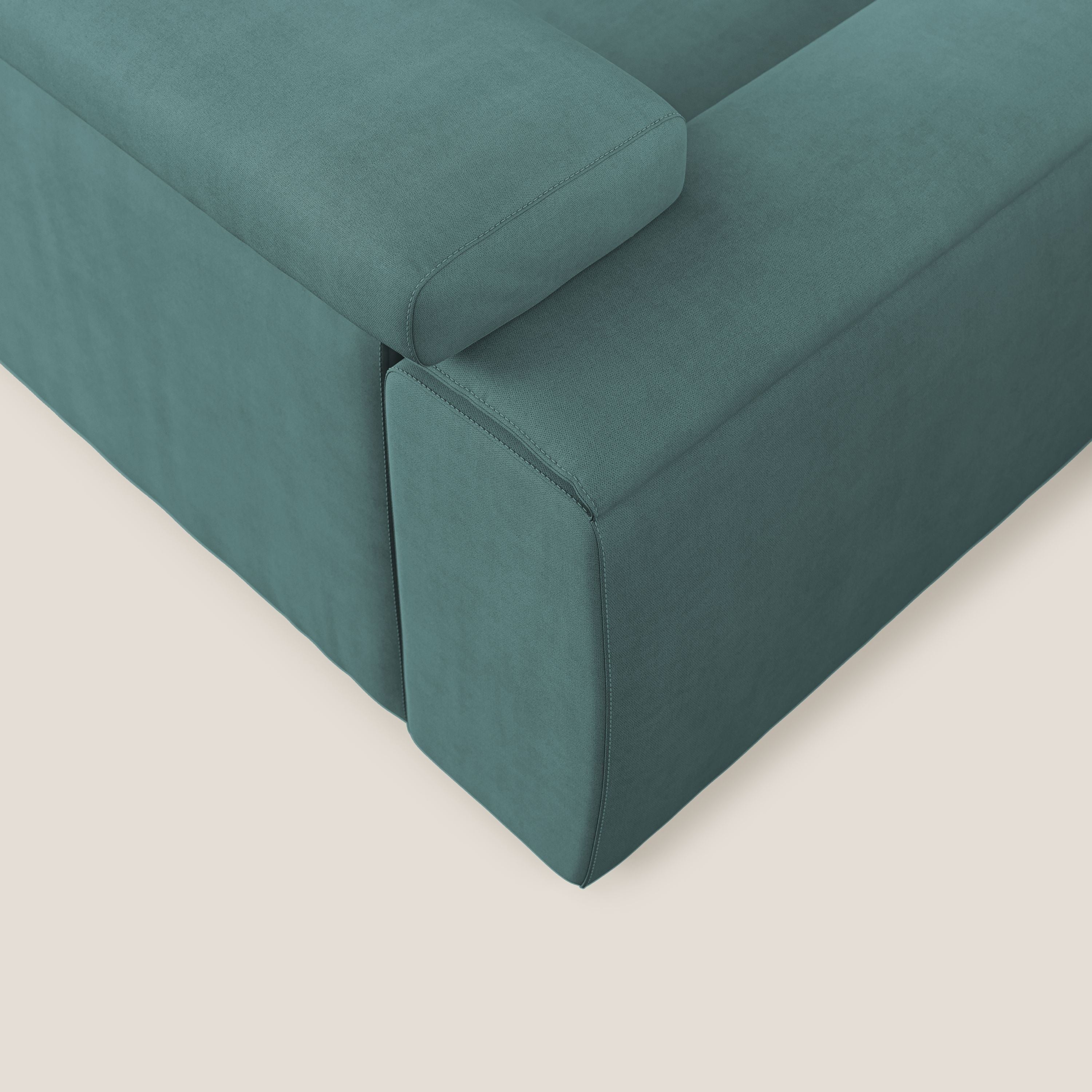 Zeno Divano angolare con pouf estraibile poggiapiedi in tessuto morbido impermeabile T02 petrolio - divani.store