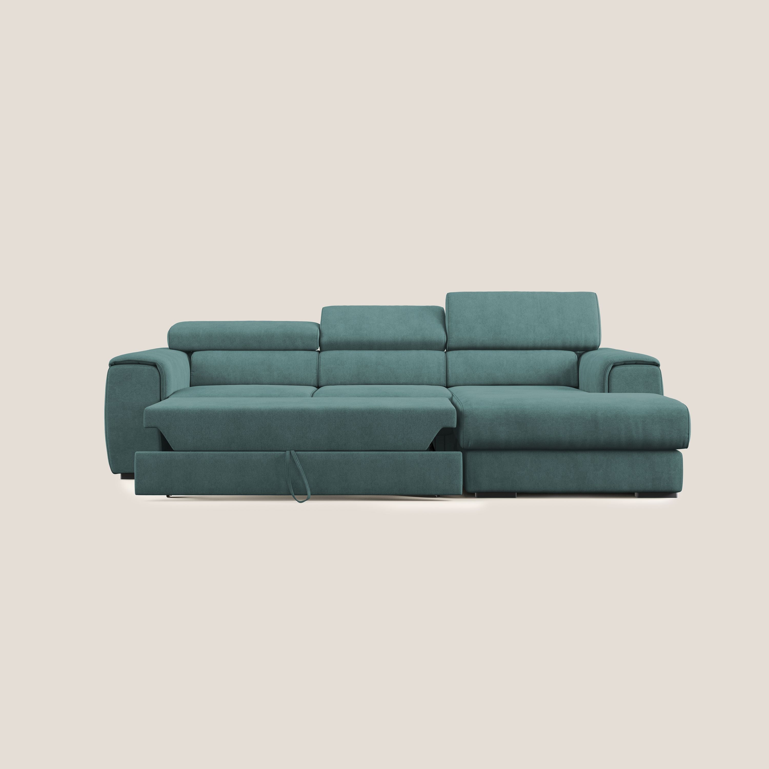 Zeno Divano angolare con pouf estraibile poggiapiedi in tessuto morbido impermeabile T02 petrolio - divani.store