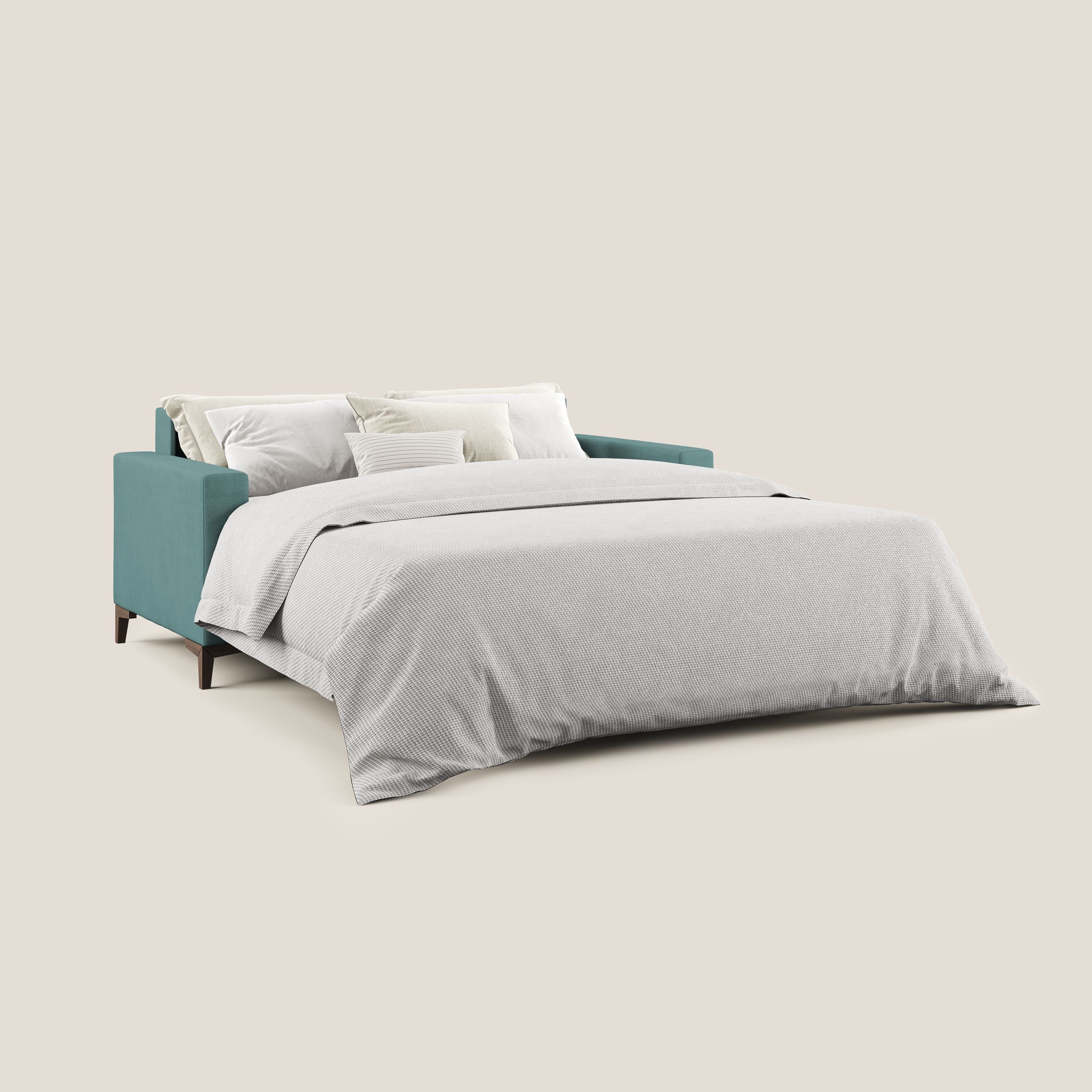 Kafka divano letto matrimoniale in morbido tessuto impermeabile T02 petrolio - divani.store