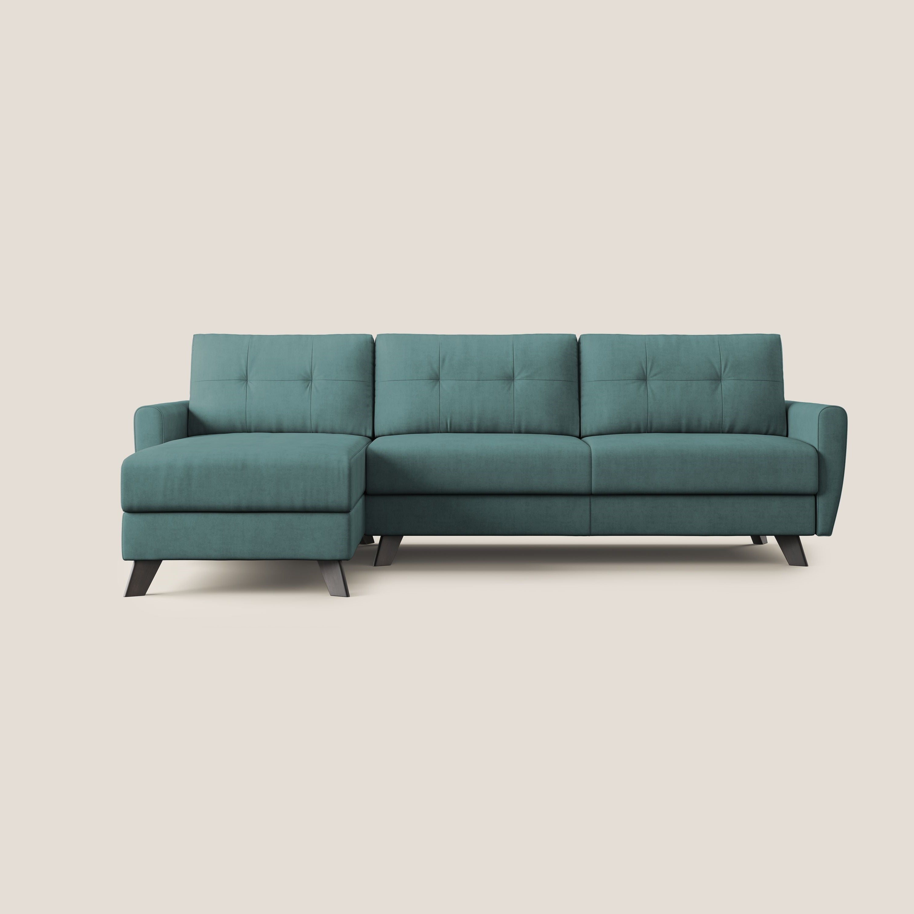 Callisto Divano letto angolare con penisola in tessuto morbido impermeabile T02 petrolio - divani.store