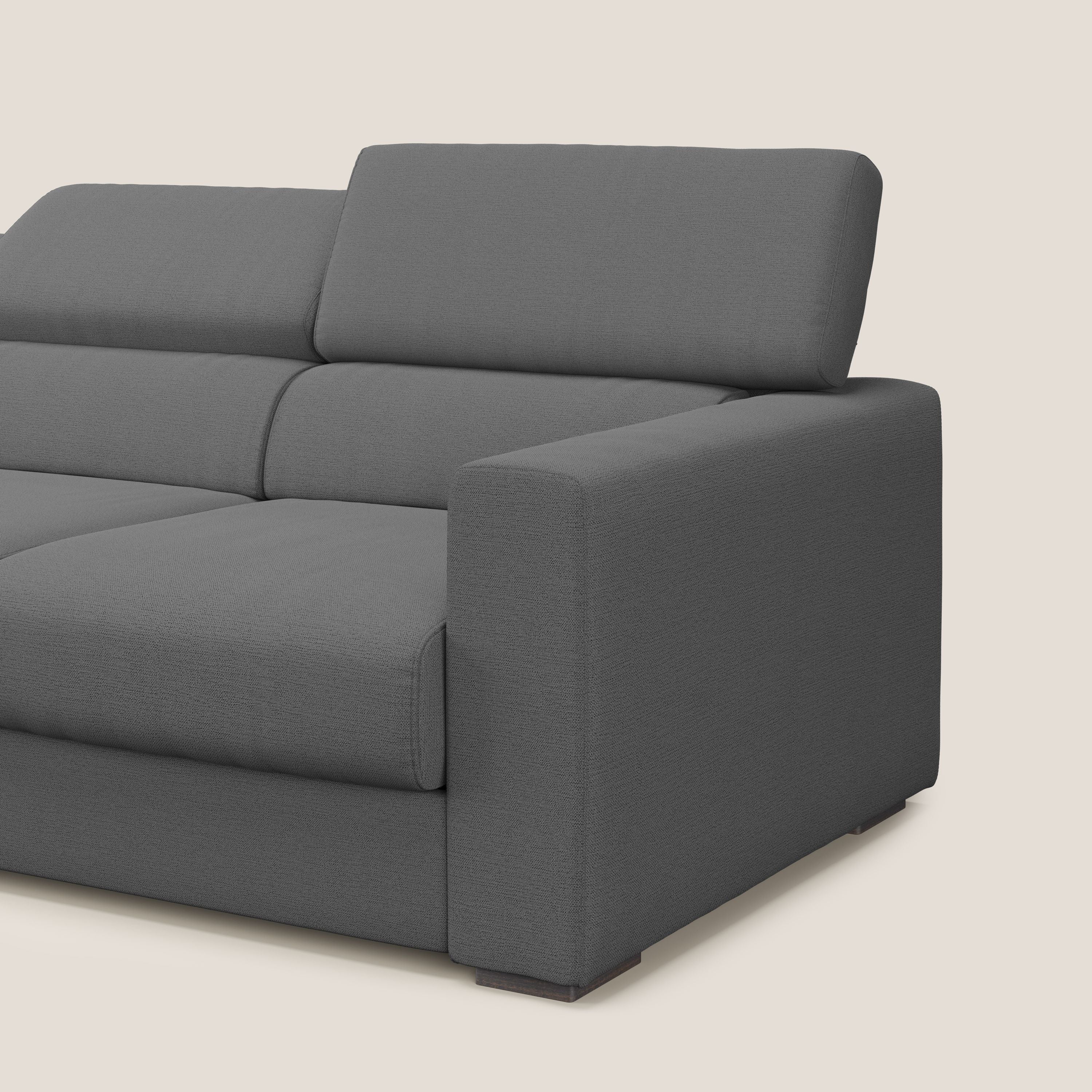Dylan divano a 3 sedute con pouf estraibile poggiapiedi in tessuto fiammato simil cotone impermeabile T19 antracite - divani.store