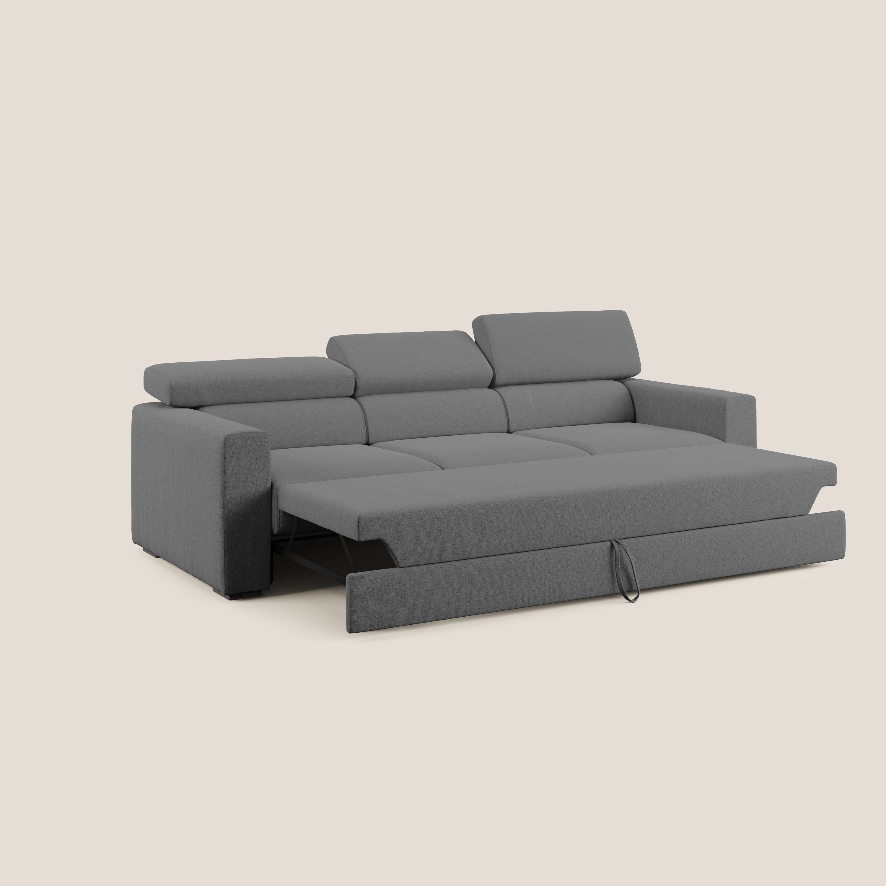 Dylan divano a 3 sedute con pouf estraibile poggiapiedi in tessuto fiammato simil cotone impermeabile T19 antracite - divani.store