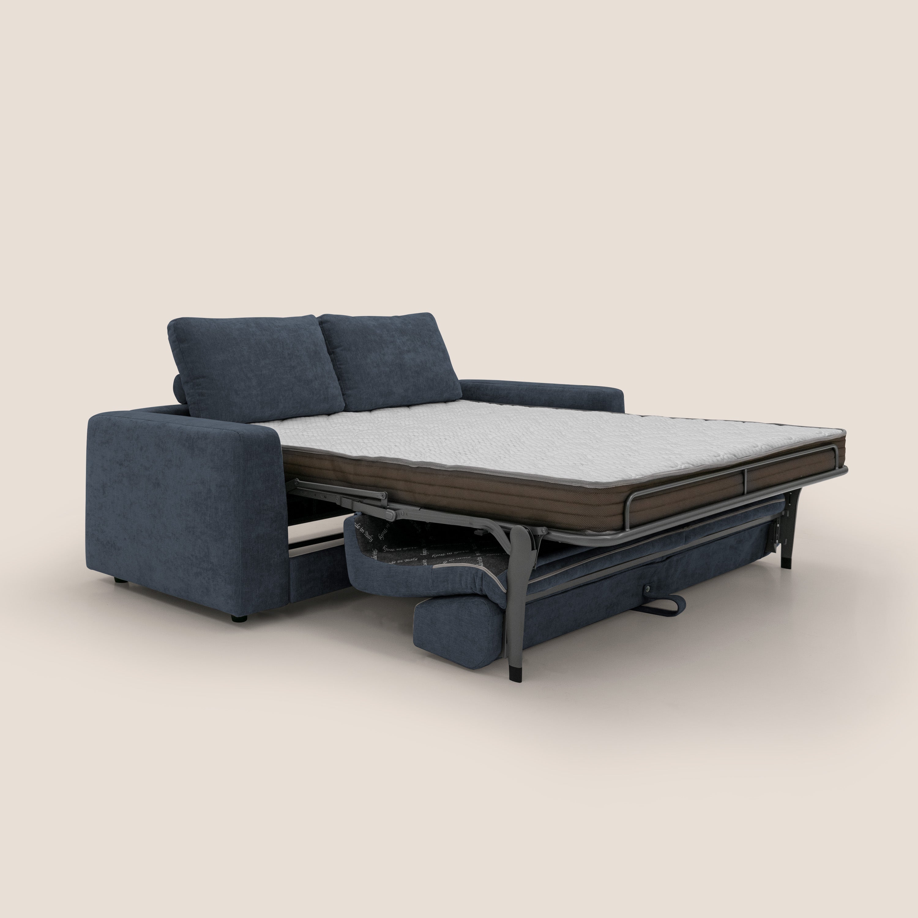Freia Divano letto minimal materasso h15 cm con morbidi schienali in tessuto impermeabile T14 blu - divani.store